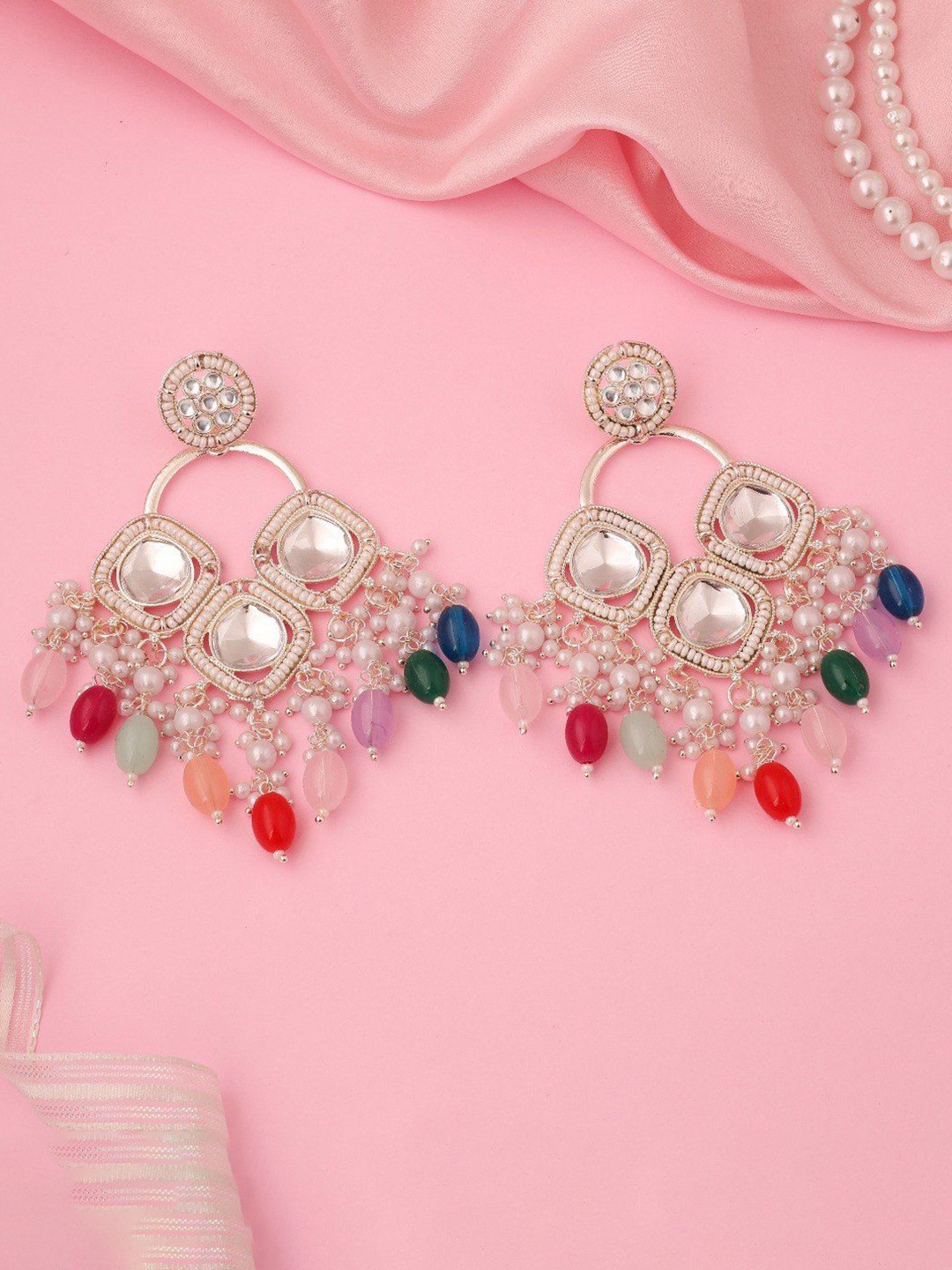 

Lyriss Gold Plated Artificial Stone Studded & Beaded Diamond Shaped Drop Earrings