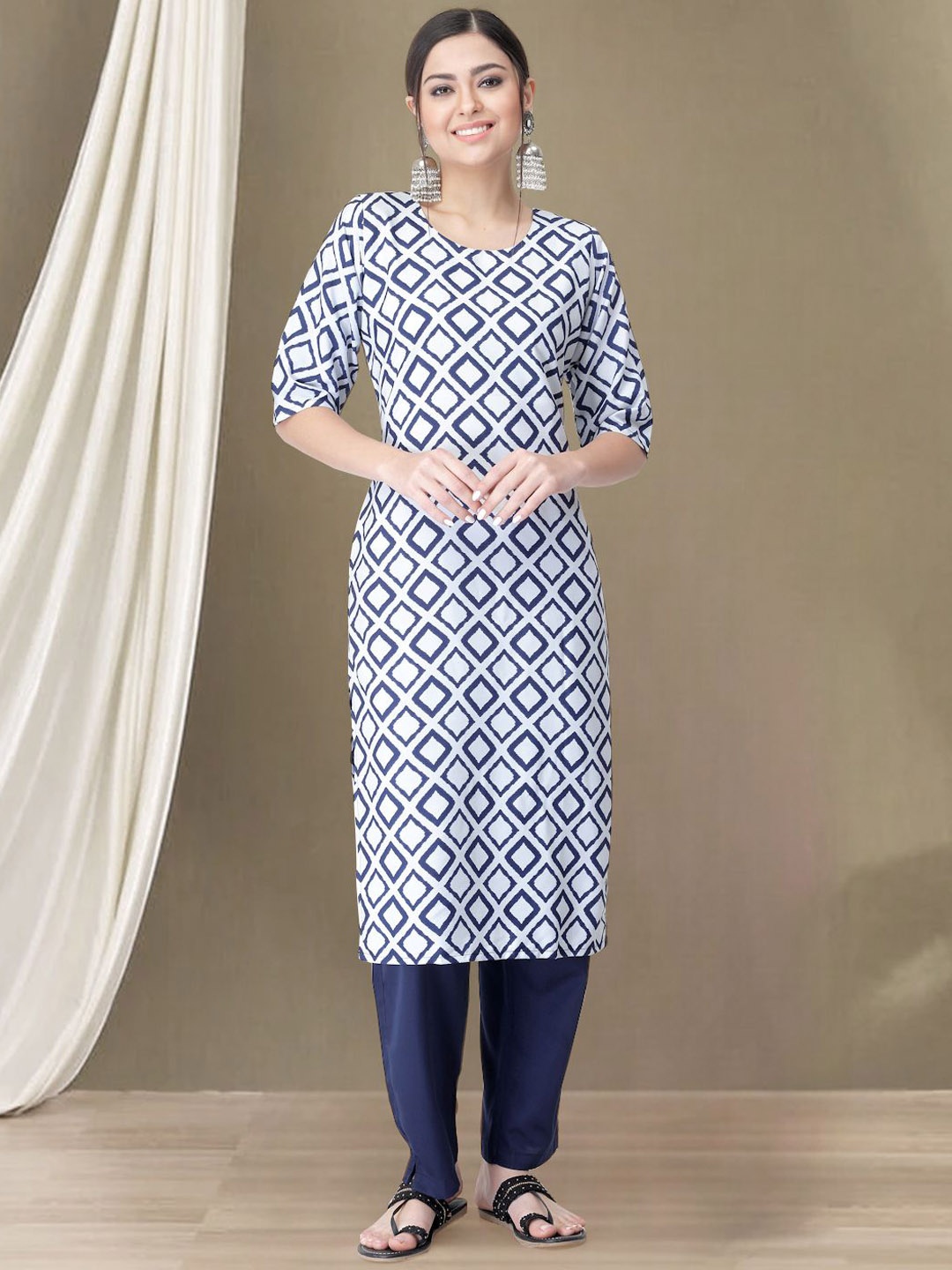 

Moda Rapido White & Navy Blue Geometric Printed Straight Kurta with Trousers
