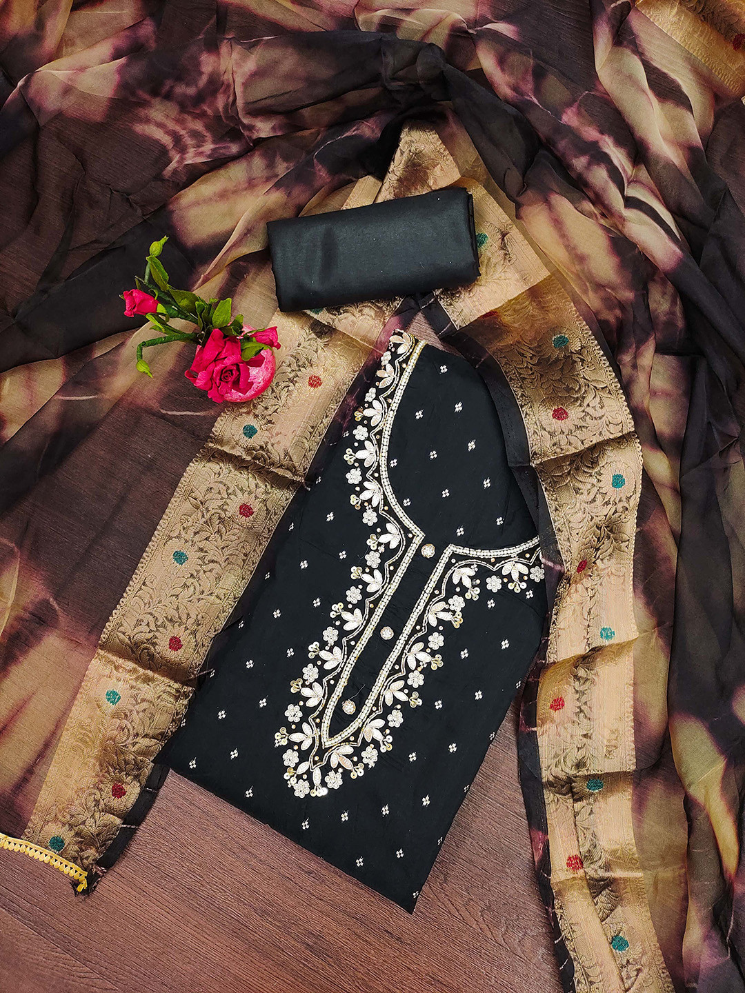

SAINOOR Floral Embroidered Beads & Stones Cotton Jacquard Unstitched Dress Material, Black