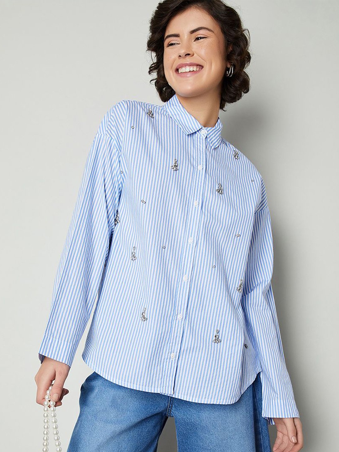 

max Women Opaque Striped Casual Shirt, Blue