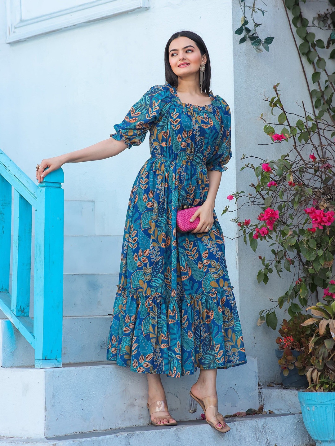 

Krunal Raiyani Floral Print Puff Sleeve Fit & Flare Midi Dress, Blue