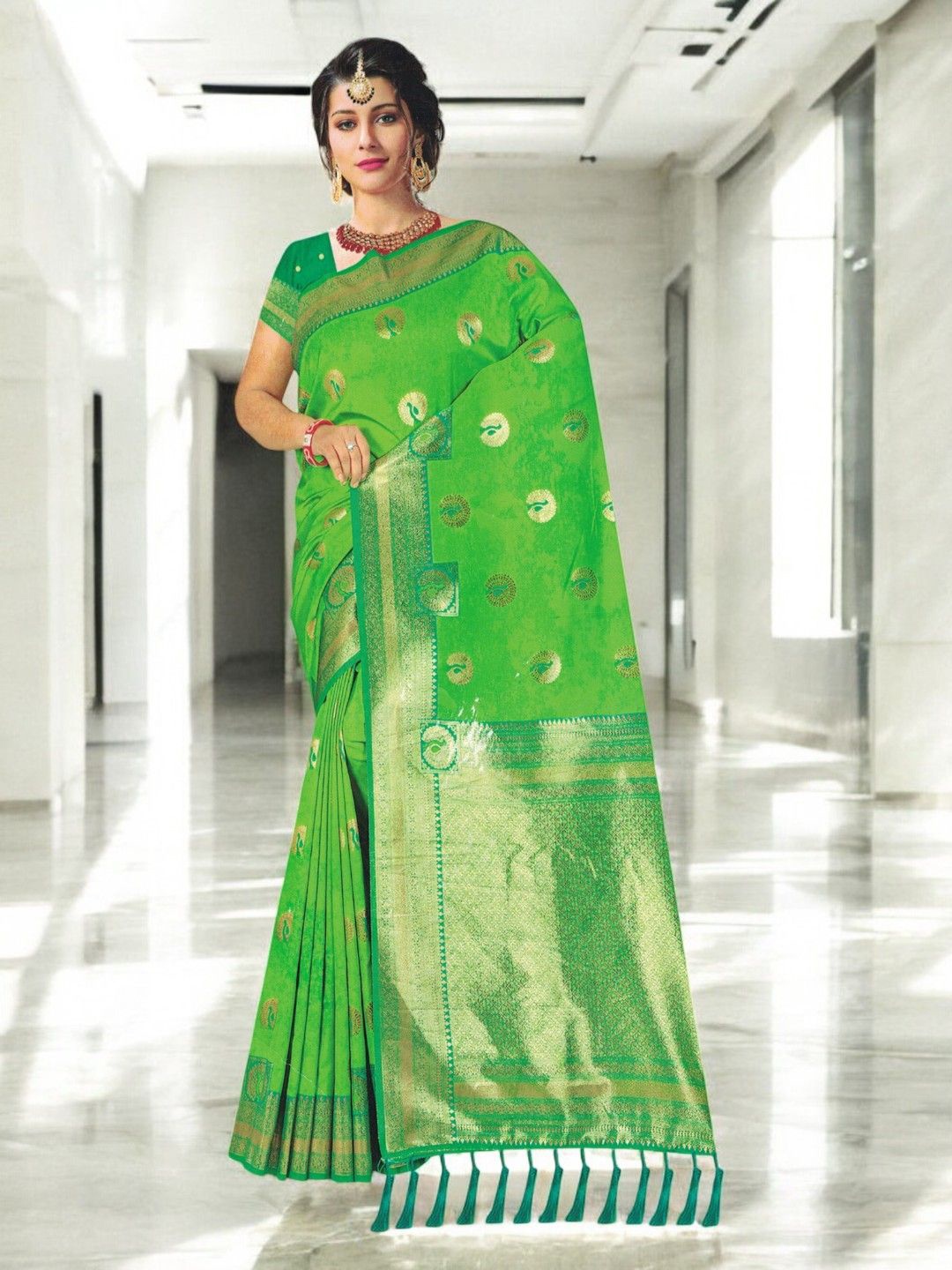 

SHOPPKEE Woven Design Zari Silk Blend Paithani Saree, Lime green