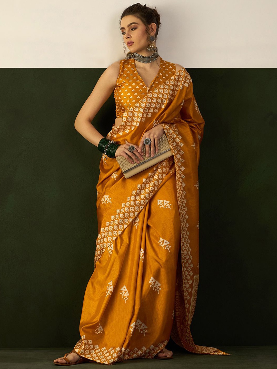 

Mitera Ethnic Motifs Block Print Saree, Mustard