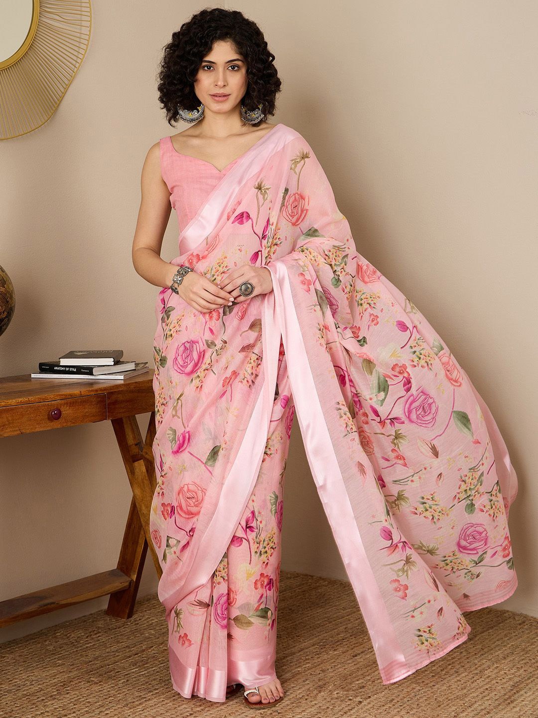 

Mitera Floral Silk Cotton Ready to Wear Saree, Pink