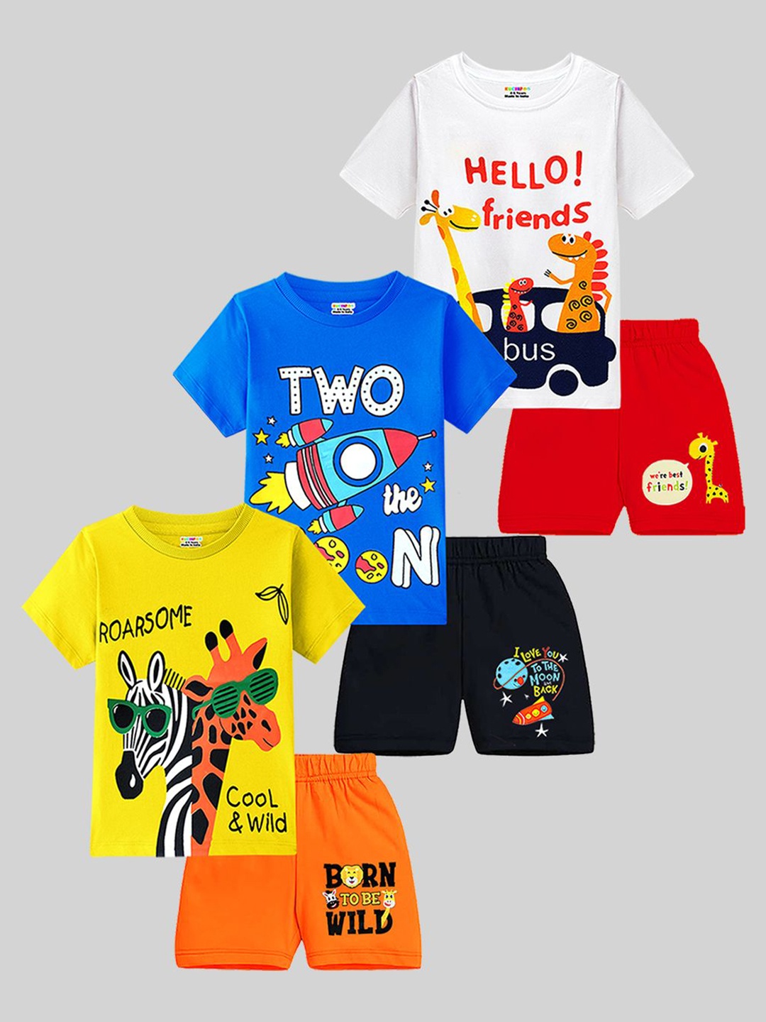 

KUCHIPOO Boys Set Of 3 Typography Printed T-shirt With Shorts, Yellow