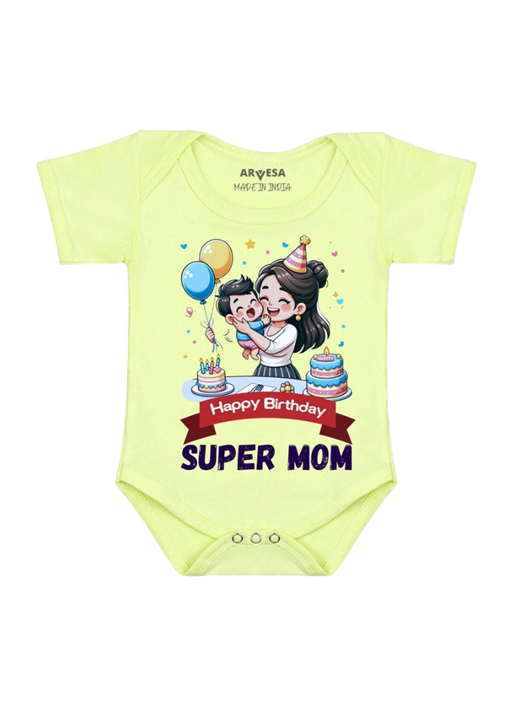 

Arvesa Kids Happy Birthday Super Mom Printed Romper, Yellow