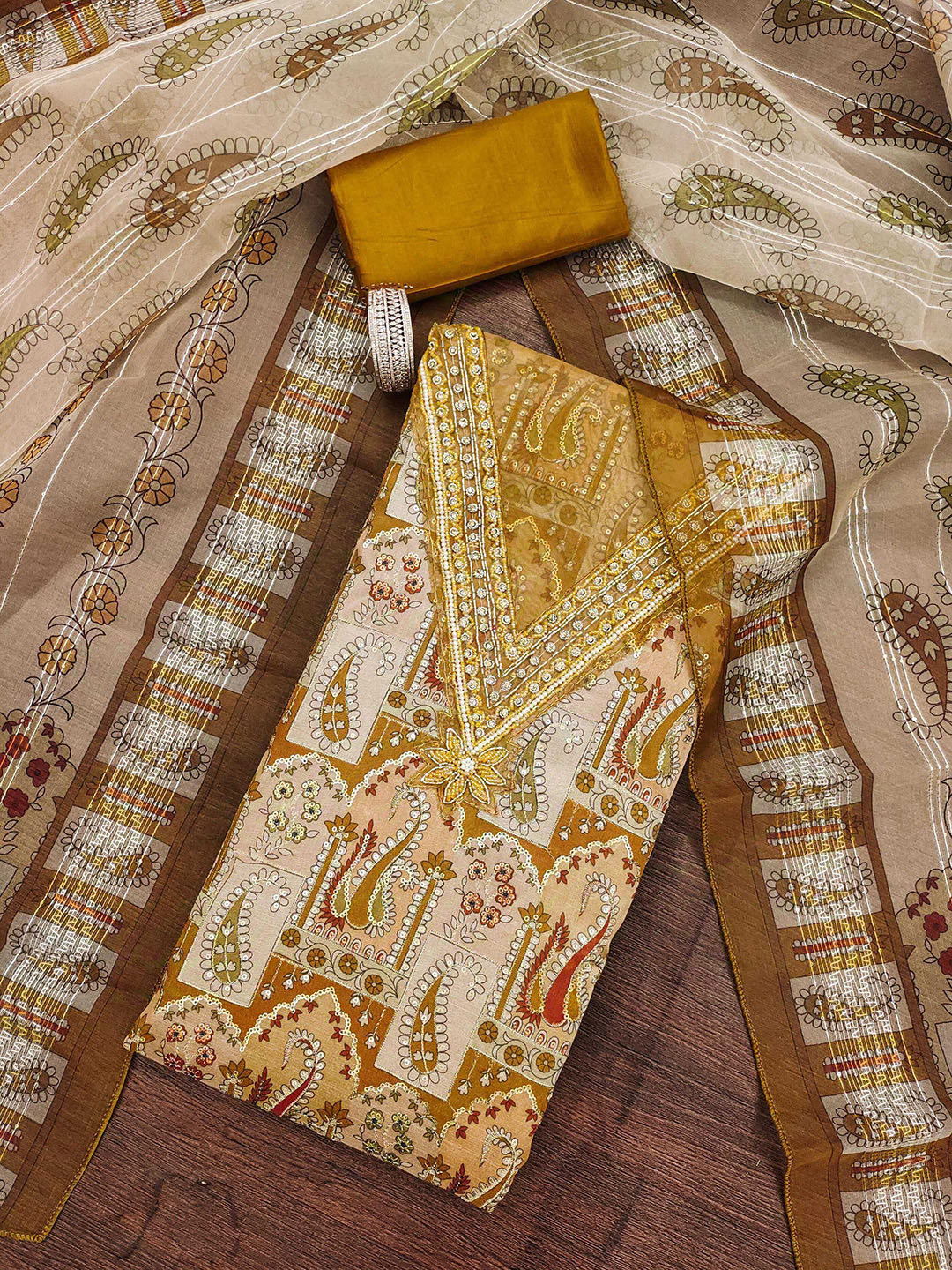 

SAINOOR Embroidered Organza Semi-Stitched Dress Material, Mustard