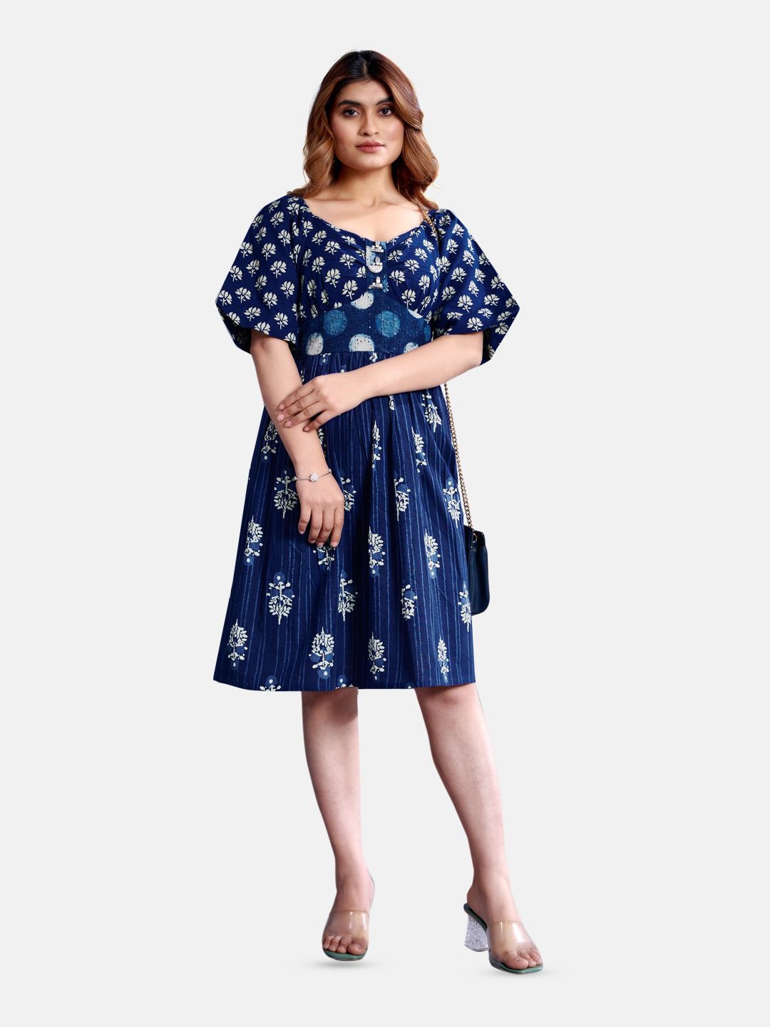 

Komarri U Tropical Print Bishop Sleeve Formal A-Line Dress, Navy blue