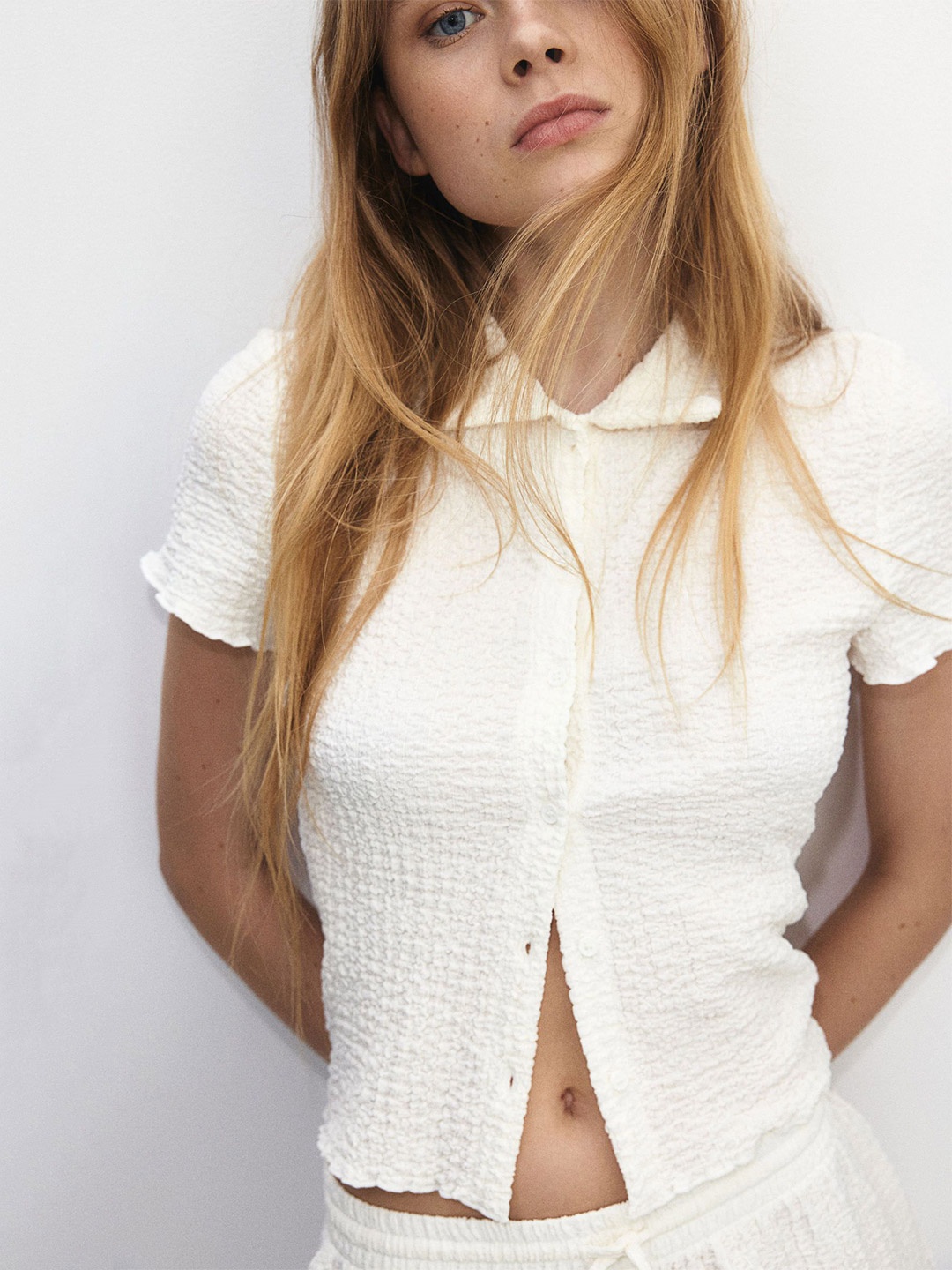 

H&M Crinkled Short-Sleeved Shirt, White