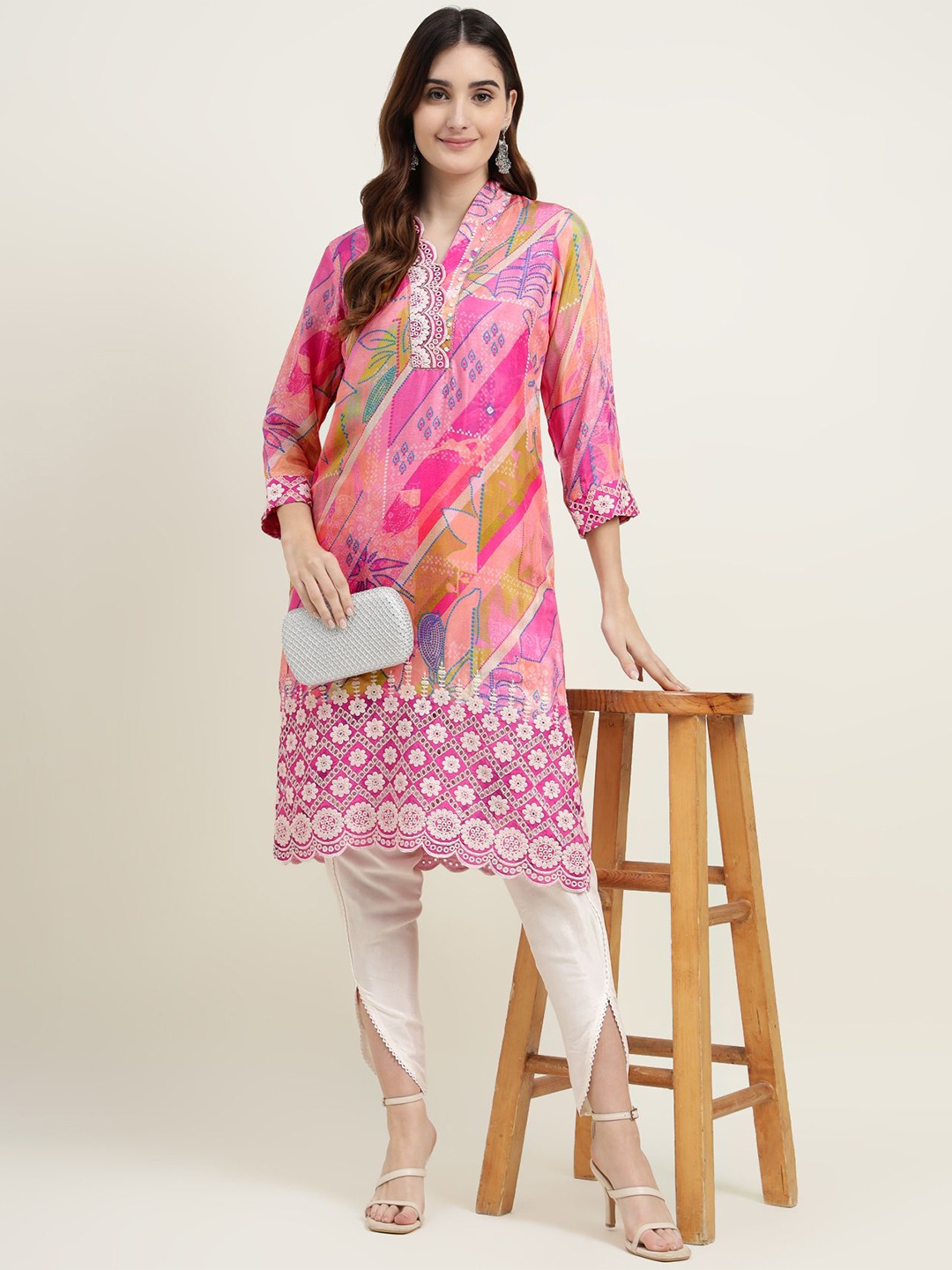 

ZARI Women Floral Printed Regular Thread Work Kurta with Dhoti Pants, Pink