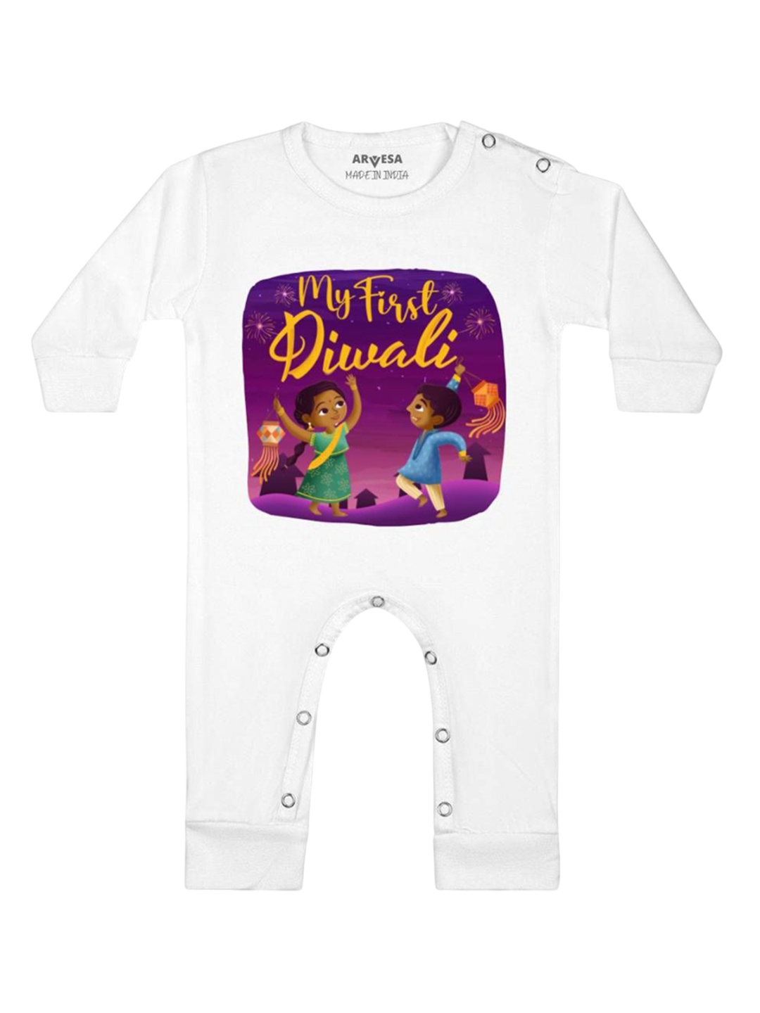 

Arvesa First Diwali Printed Baby Romper, White
