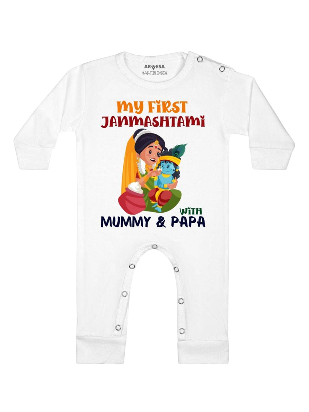 

Arvesa First Janmashtami Printed Baby Romper, White