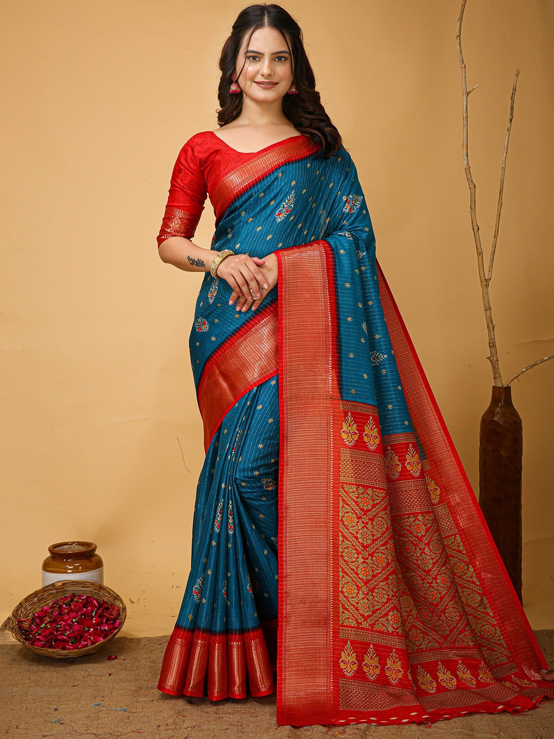 

V3 FASHION STUDIO Ethnic Motifs Zari Art Silk Banarasi Saree, Blue