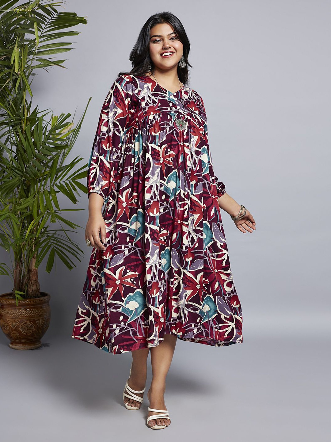 

Glo Plus Women Plus Size Wine V-Neck Floral Print Gathered A-Line Midi Fusion Dress, Burgundy