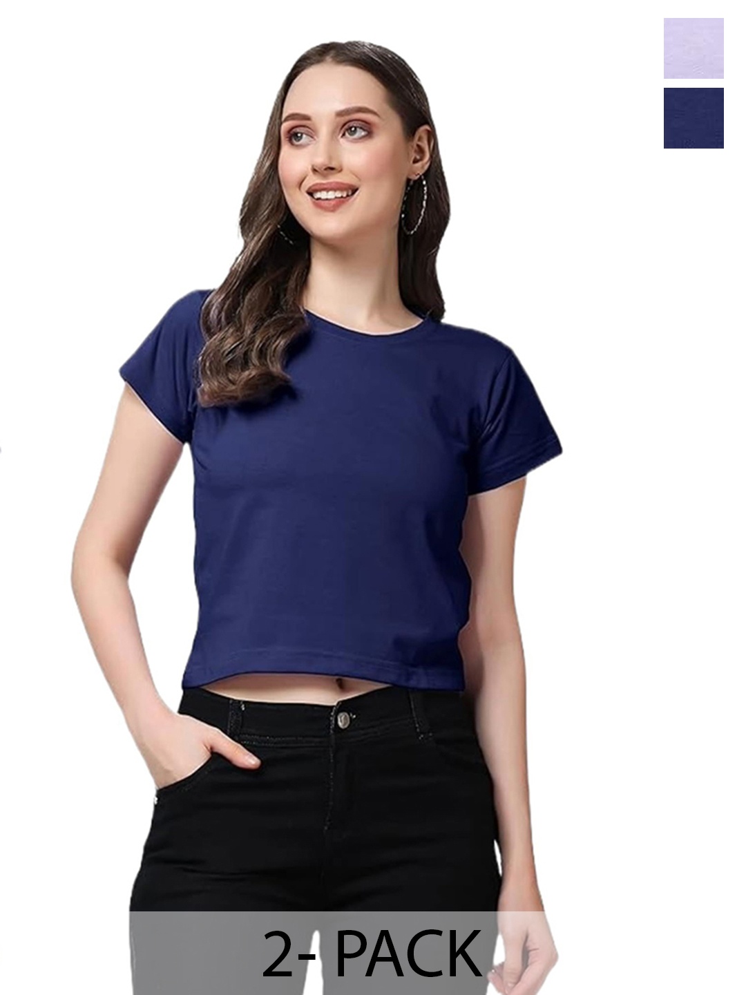 

NOTWILD Women Pack Of 2 Solid Round Neck Cotton T-shirts, Lavender