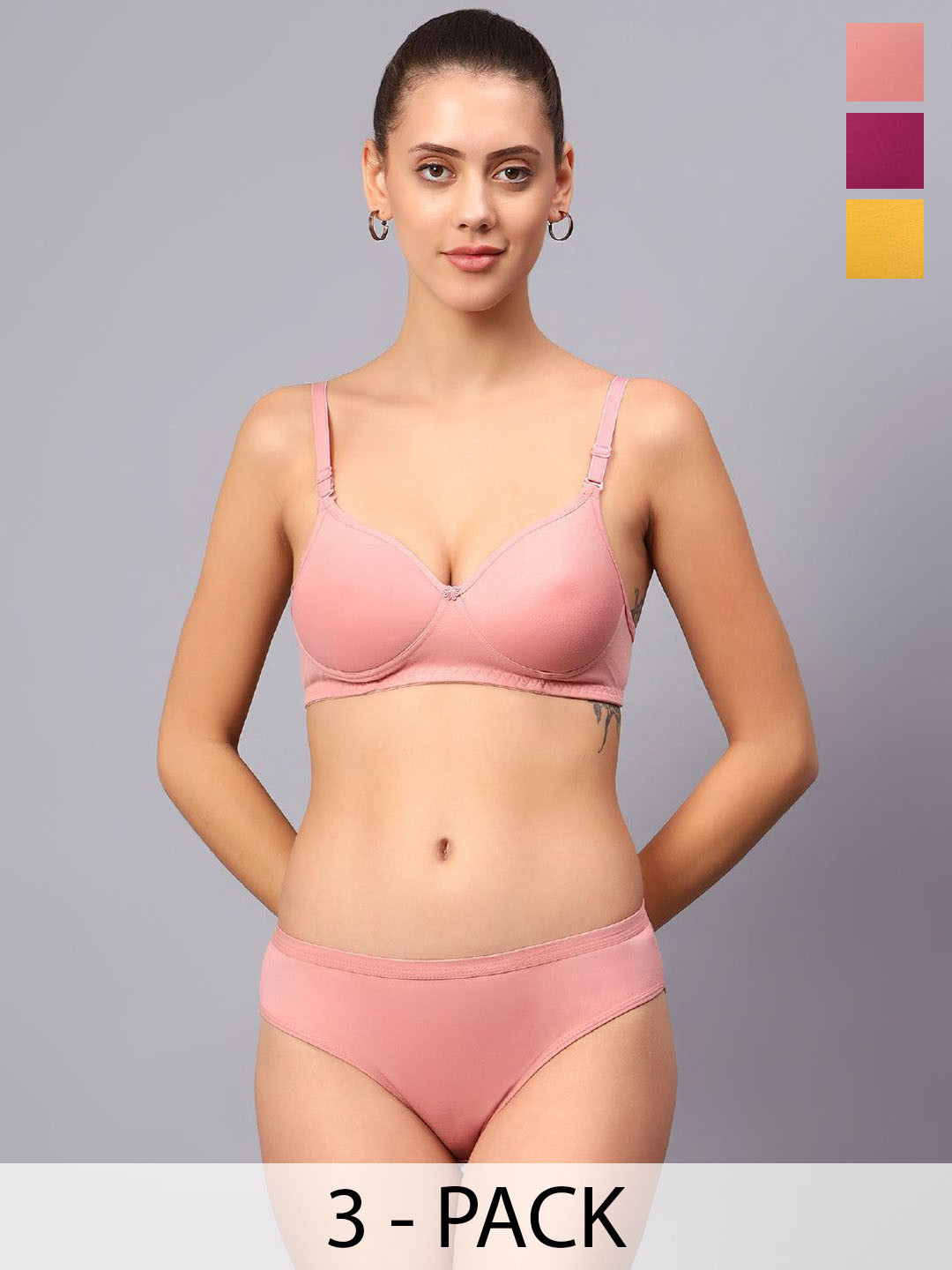 

Designer Bugs Pack Of 3 Cotton Non Padded Non Wired Lingerie Set NPLS-Y-RG-DP-30B, Yellow
