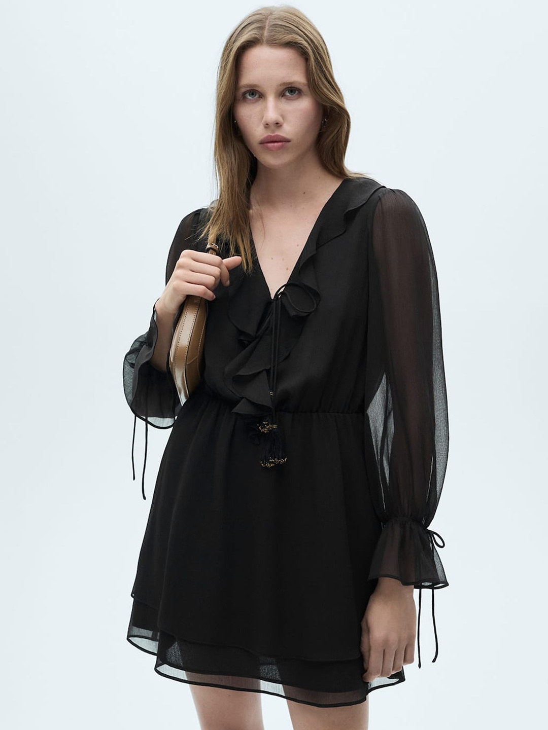 

MANGO V-Neck Puff Sleeve A-Line Mini Dress, Black
