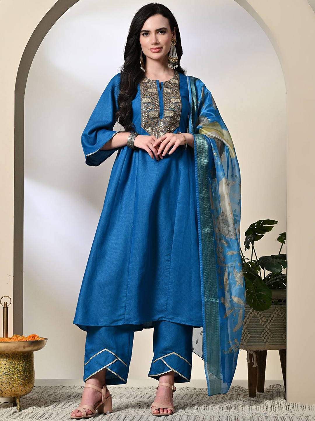 

KALINI Yoke Design Floral Sequinned Notch Neck Pure Silk Kurta With Palazzos & Dupatta, Blue