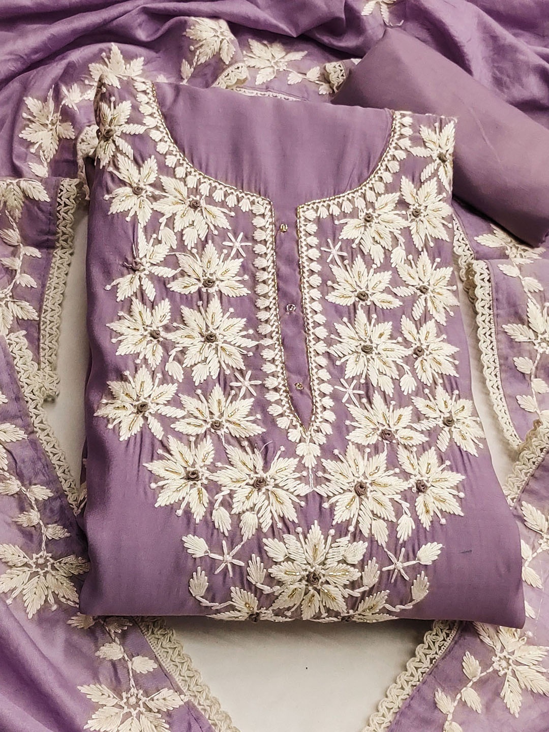 

SAINOOR Floral Embroidered Pure Silk Semi-Stitched Dress Material, Lavender