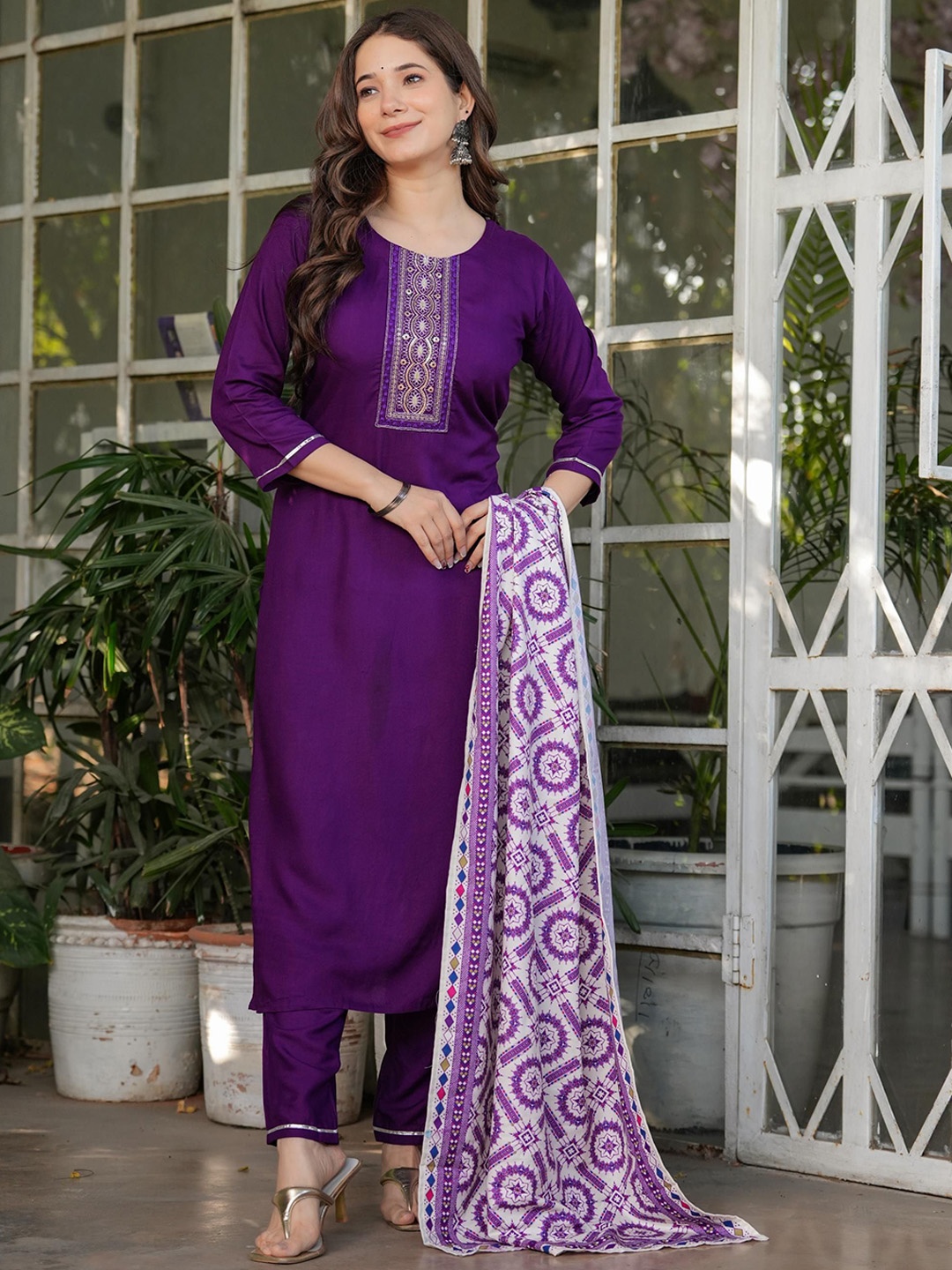 

THE52 Women Ethnic Motifs Embroidered Regular Sequinned Kurta with Trousers & With Dupatta, Purple