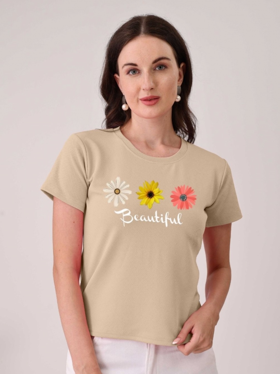 

Moda Rapido Women Floral Printed Round Neck Cotton T-shirt, Cream