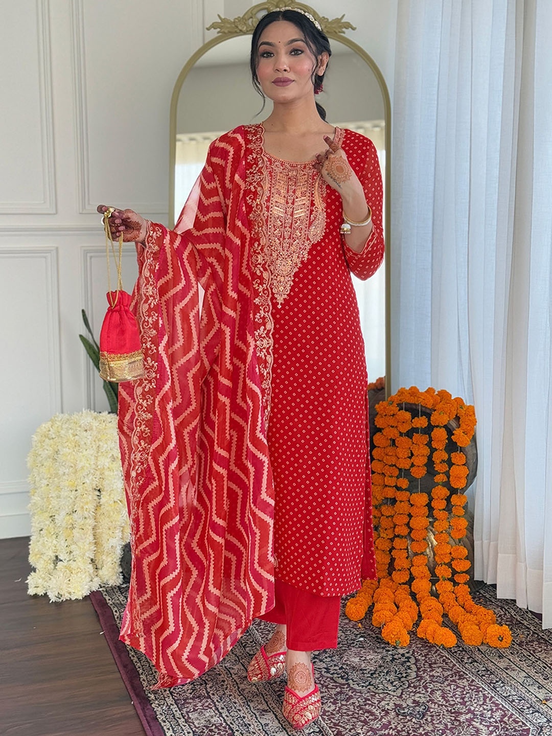 

NIZA FASHION Women Bandhani Embroidered Regular Thread Work Kurta with Trousers & With Dupatta, Red