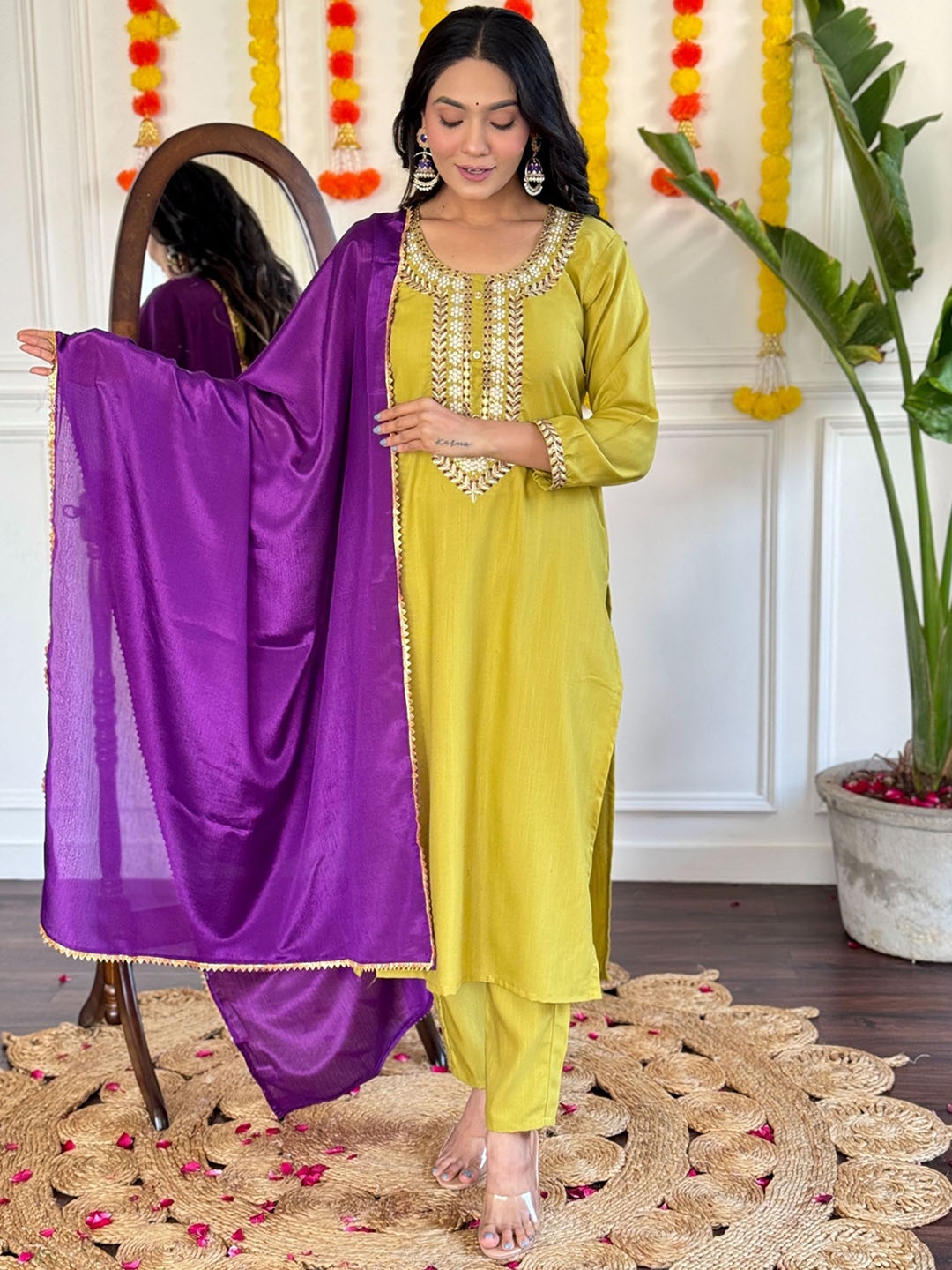

NIZA FASHION Women Ethnic Motifs Embroidered Regular Kurta with Trousers & With Dupatta, Lime green