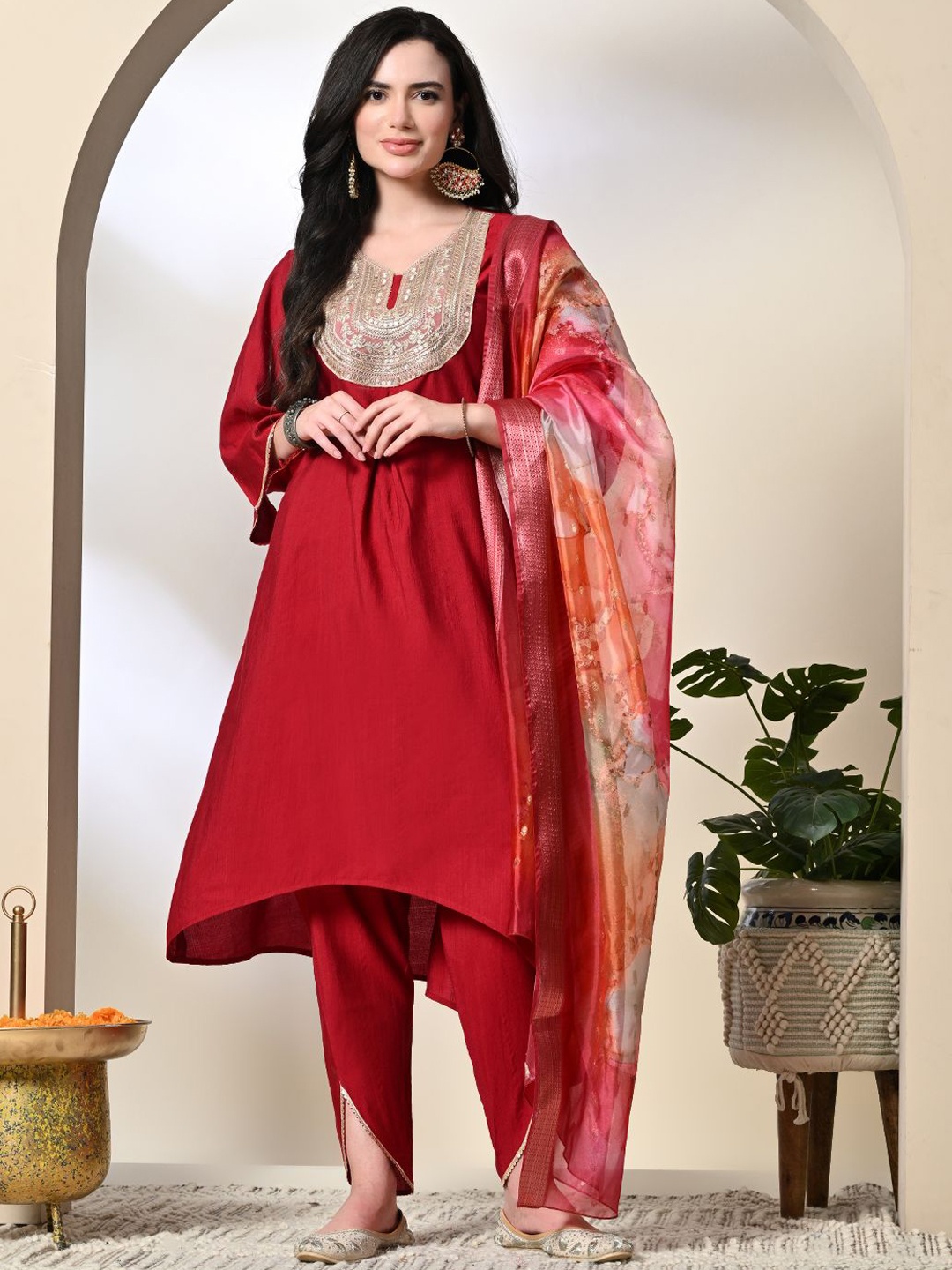 

KALINI Women Floral Embroidered Regular Kurta with Dhoti Pants & With Dupatta, Red
