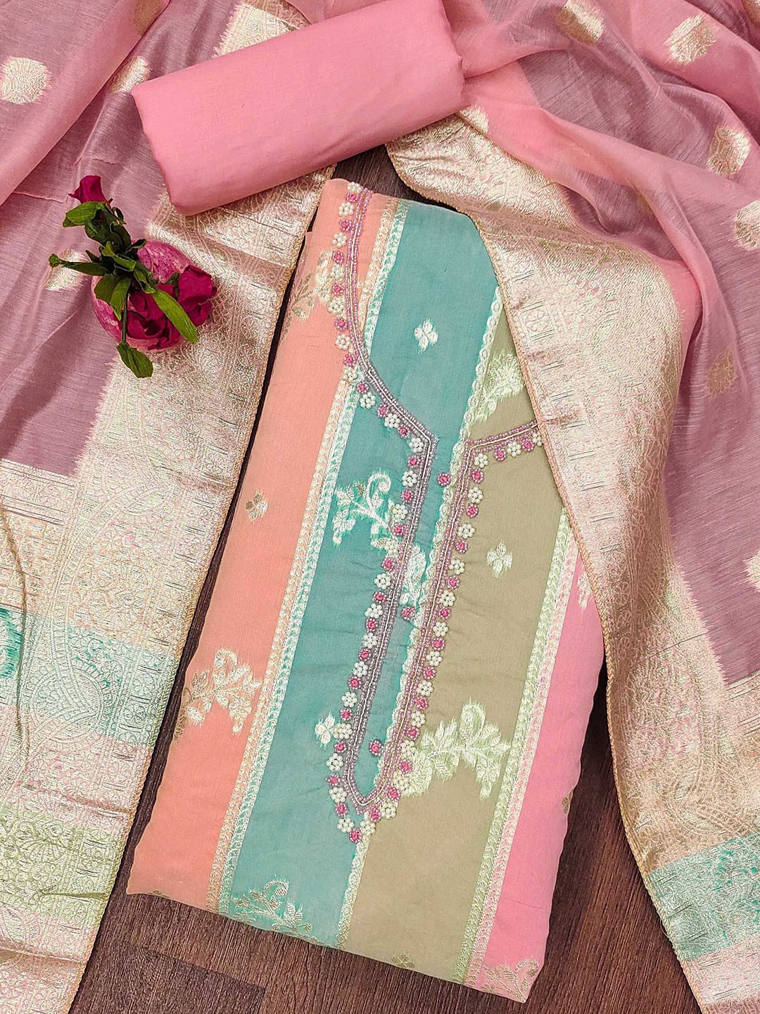 

SAINOOR Floral Woven Design Zari Semi-Stitched Dress Material, Pink