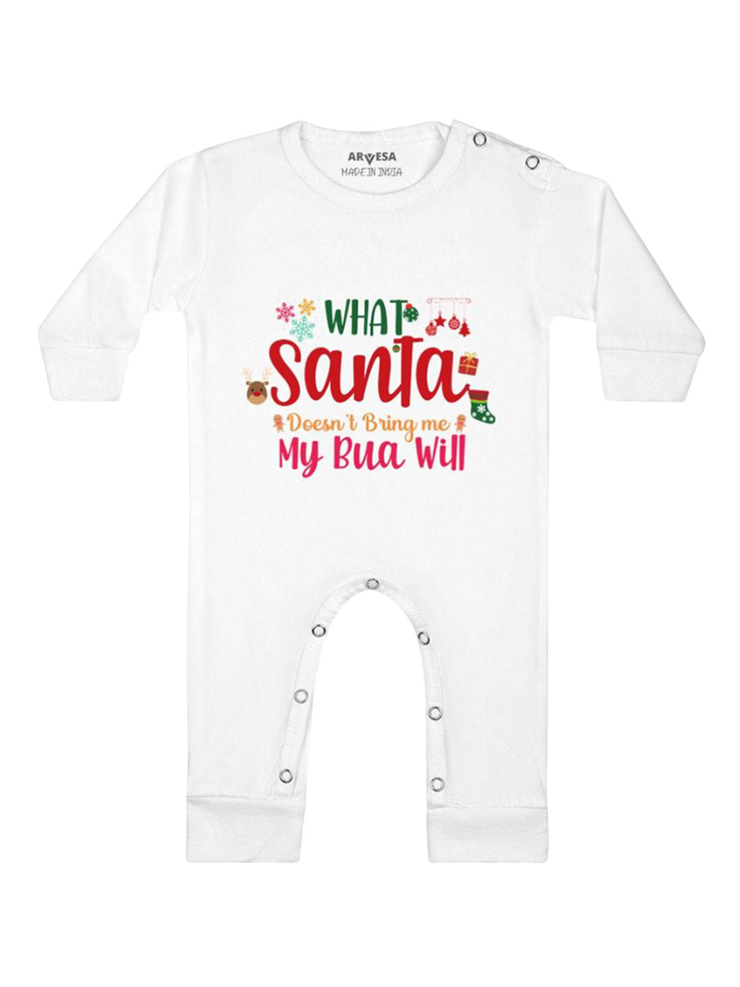 

Arvesa What What Santa Doesn'T Bring My Bua Printed Baby Romper, White