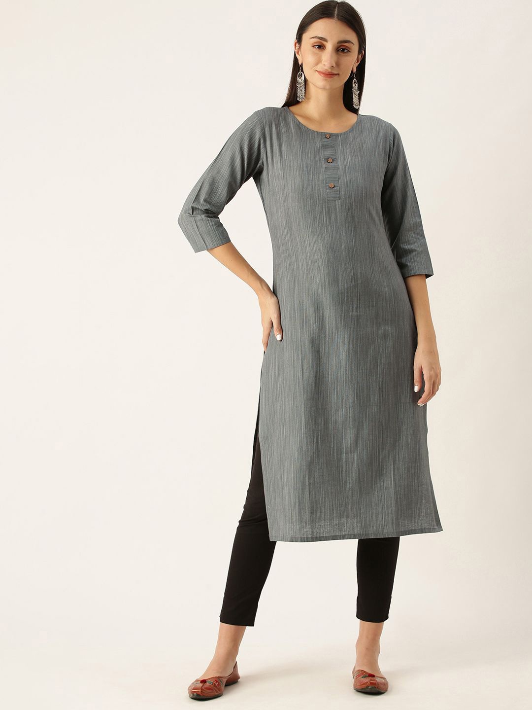 

Fourleaf Woven Design Round Neck Straight Kurta, Grey