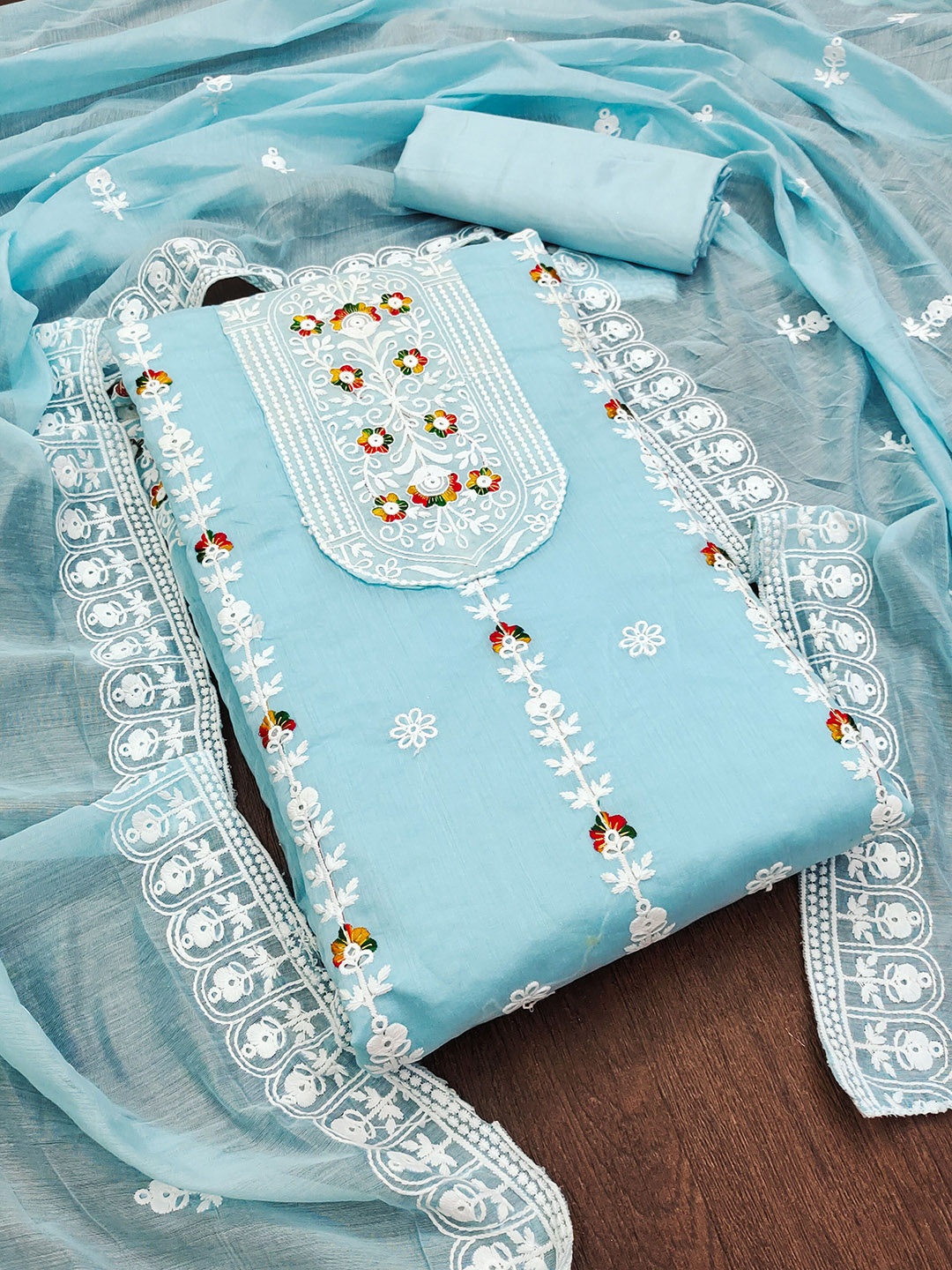 

SAINOOR Floral Embroidered Semi-Stitched Dress Material, Blue