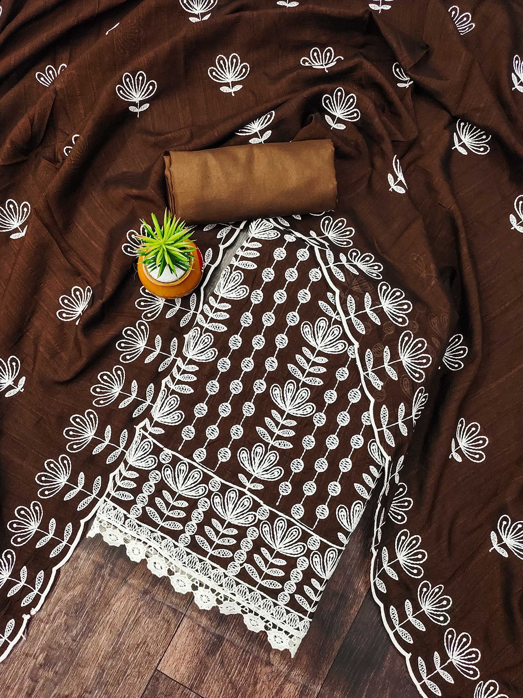

SAINOOR Floral Embroidered Unstitched Dress Material, Brown