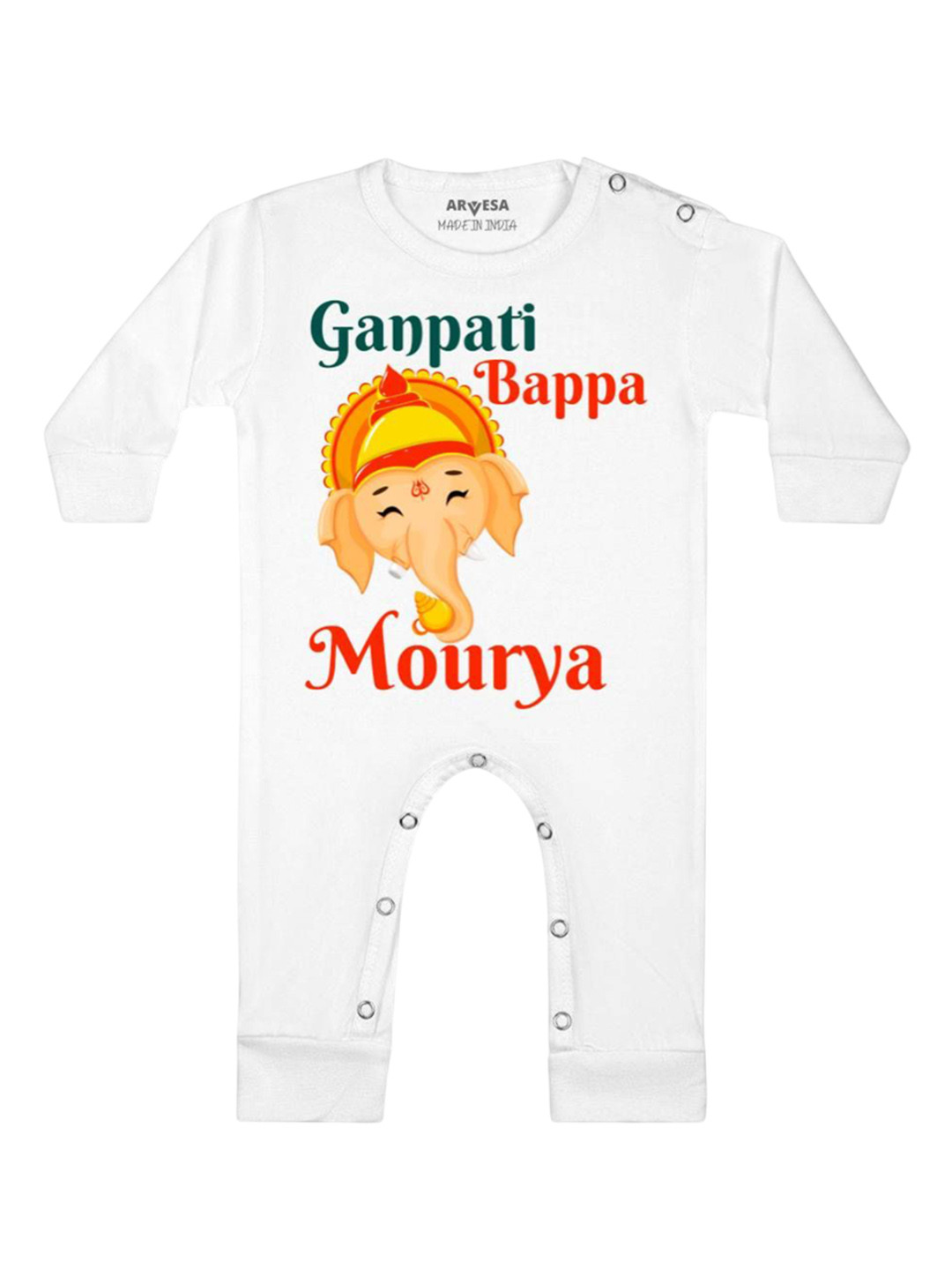 

Arvesa First Ganpati Printed Baby Romper, White