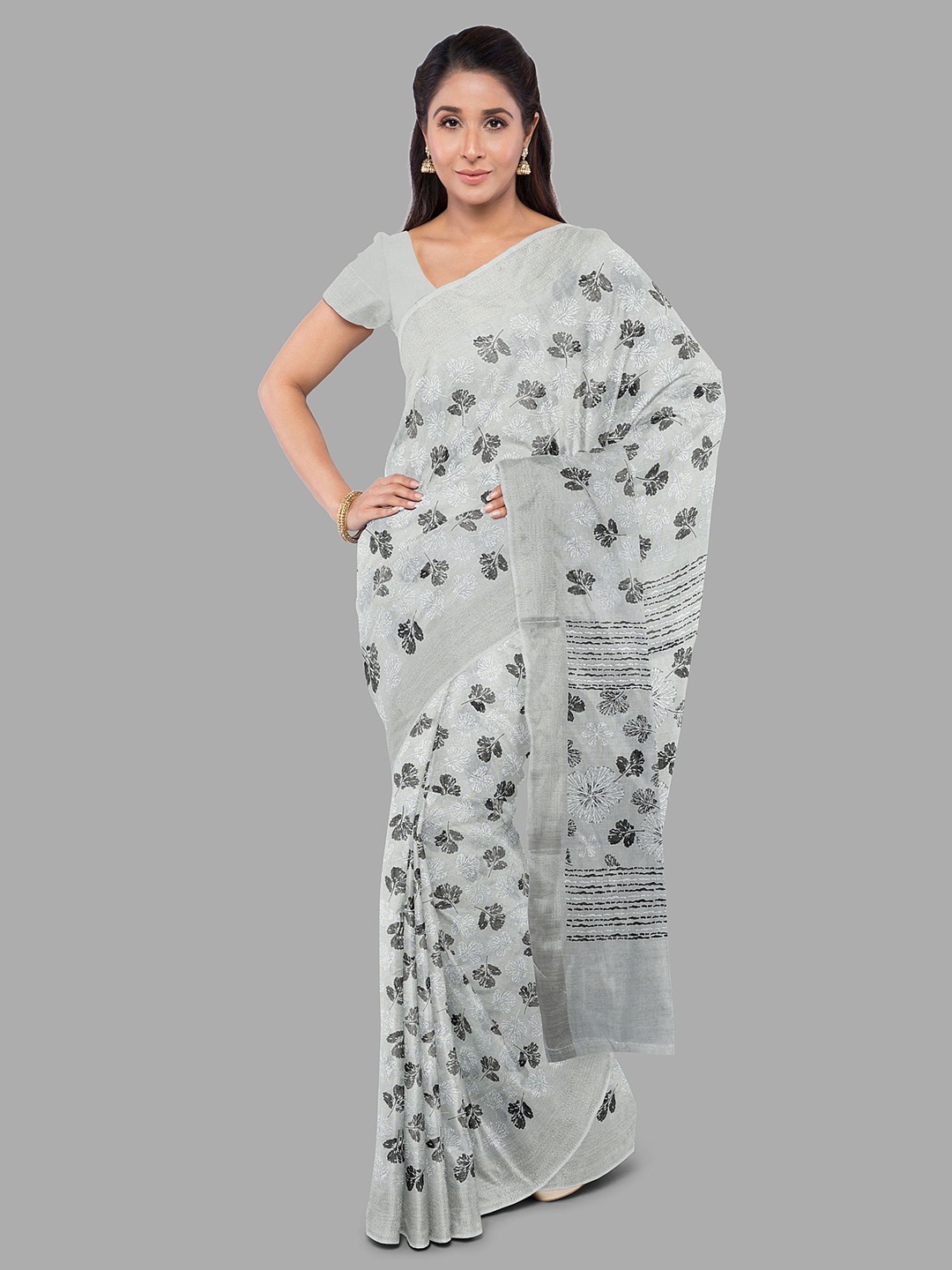 

The Chennai Silks Floral Zari Linen Blend Bhagalpuri Saree, Grey
