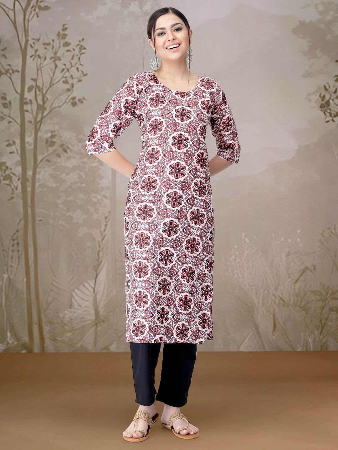 

Moda Rapido Ethnic Motifs Printed Straight Kurta with Trouser, Red