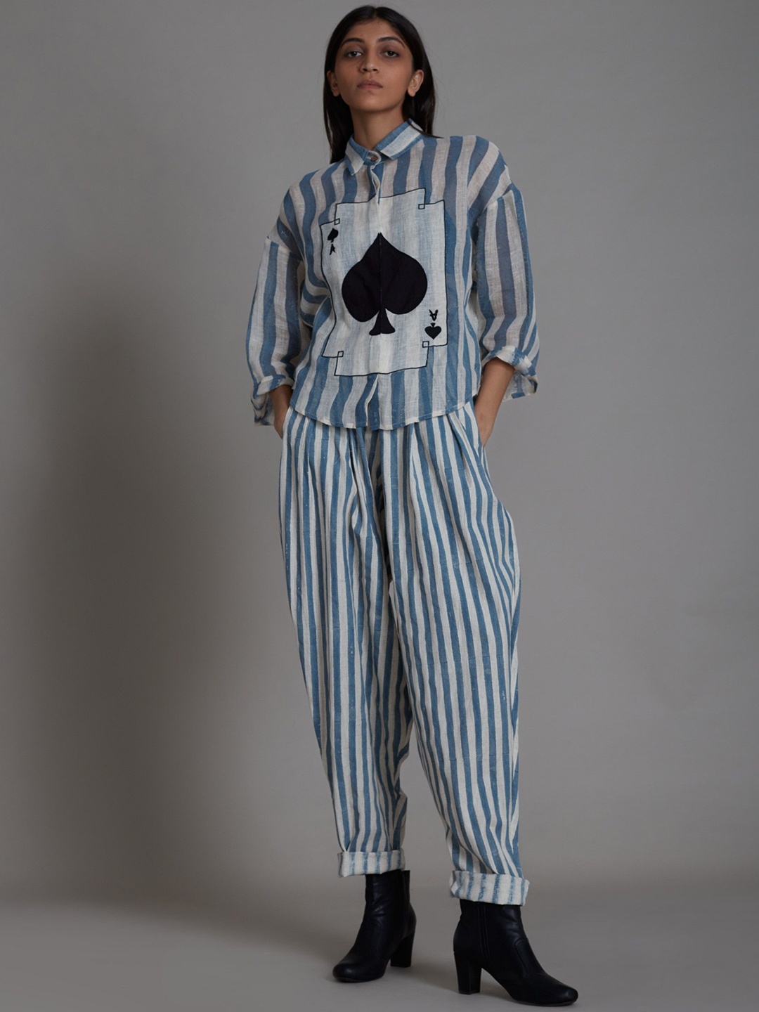 

MATI Striped Shirt Collar Linen Shirt With Trousers, Blue