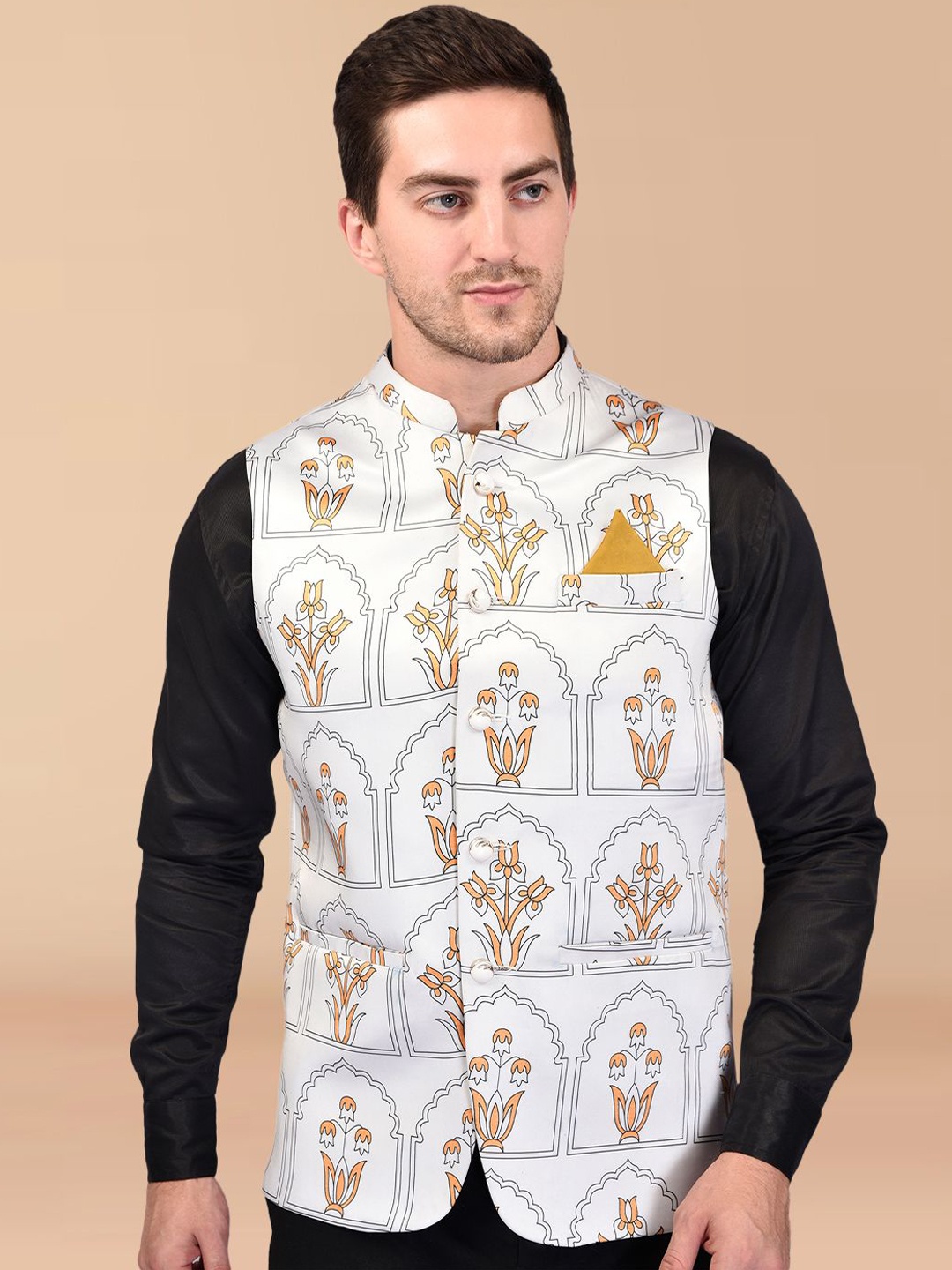 

Moda Rapido Printed Woven Nehru Jacket, White