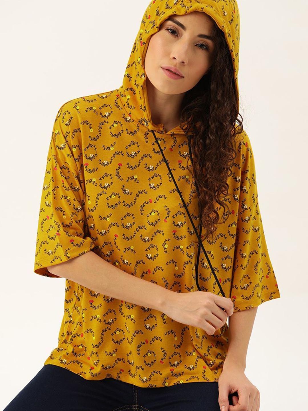 

DressBerry Floral Print Hooded Top, Mustard
