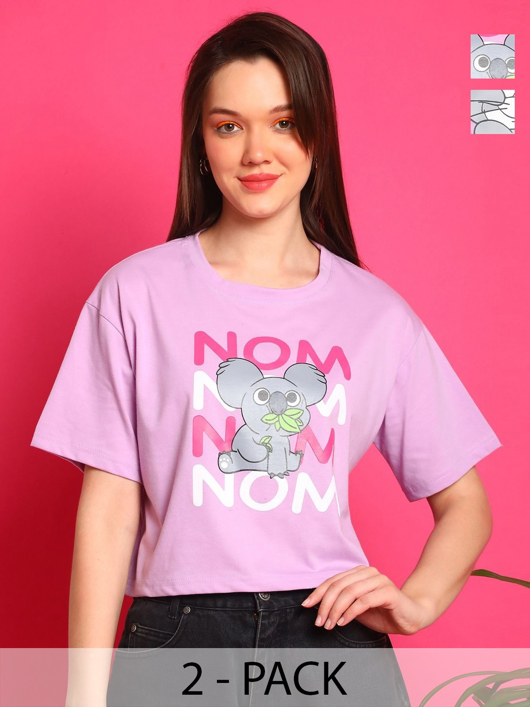 

Dreambe Women Pack of 2 Tom & Jerry Graphic Printed Round Neck Cotton Boxy T-shirts, Lavender