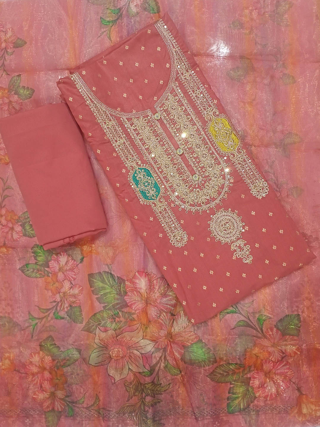 

REET MAHAL Embroidered Zari Art Silk Unstitched Dress Material, Pink