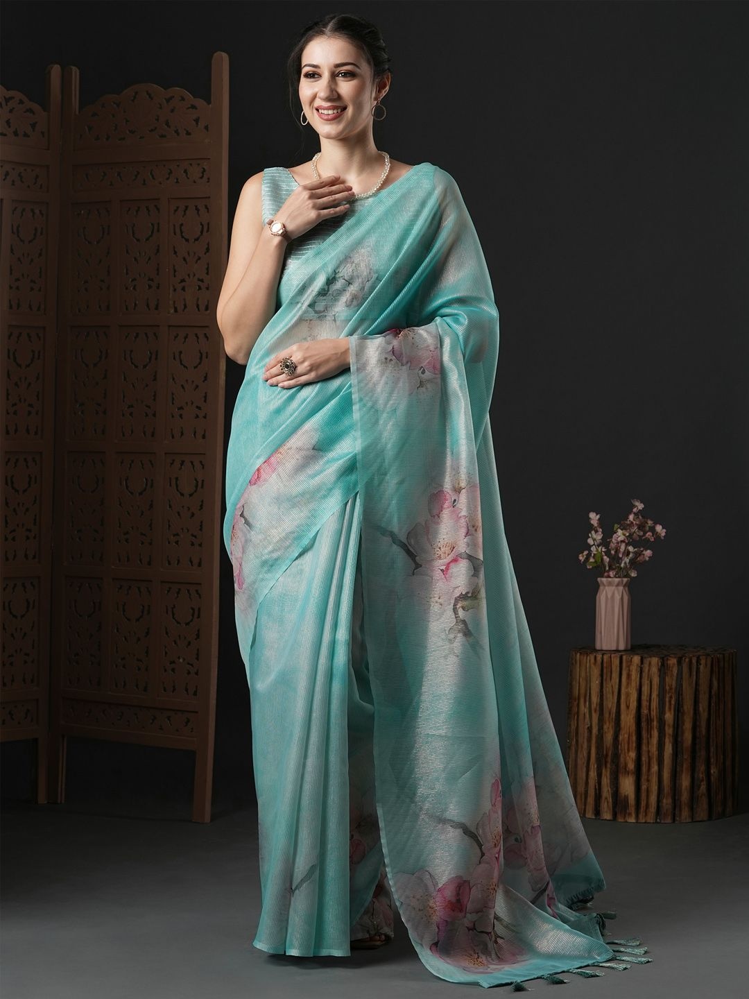 

Mitera Floral Zari Organza Saree, Blue