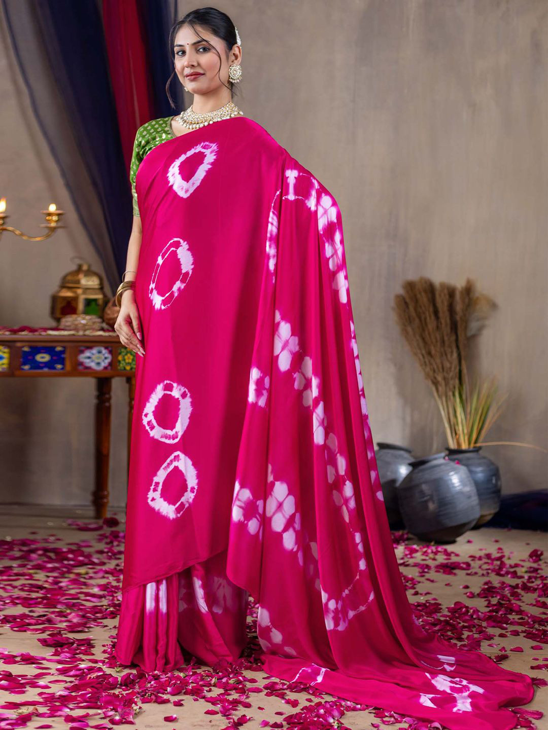 

Mitera Tie and Dye Satin Block Print Saree, Pink