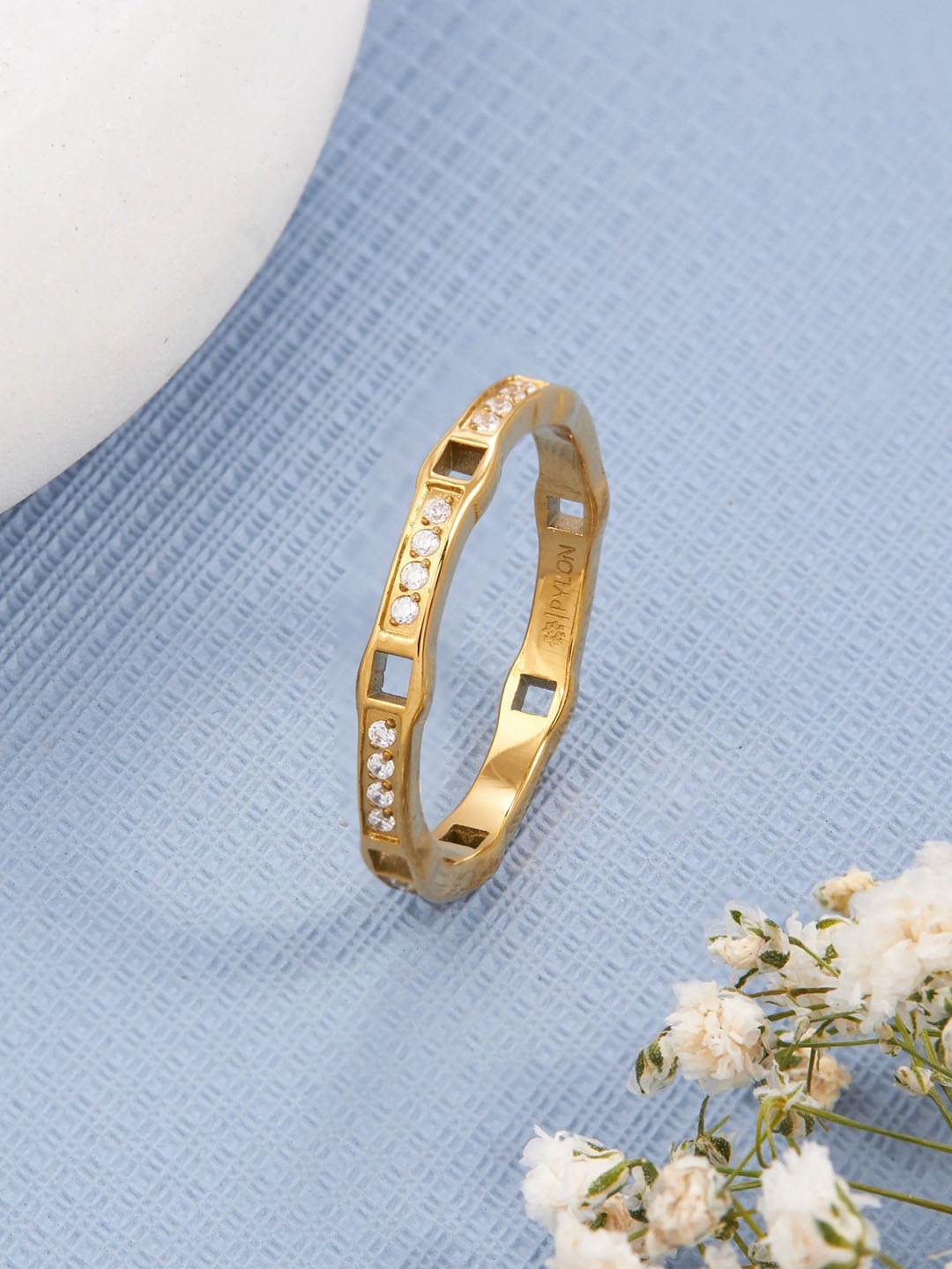 

PYLON Stainless Steel Artificial Stones Studded Finger Ring, Gold