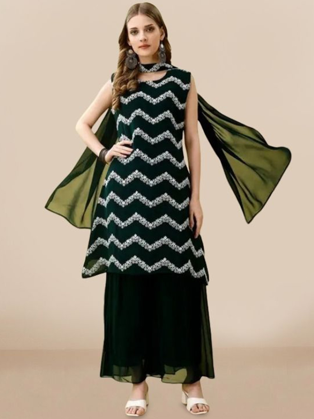 

PARROT CREATION Chevron Embroidered Georgette A-Line Kurti With Sharara And Dupatta, Green
