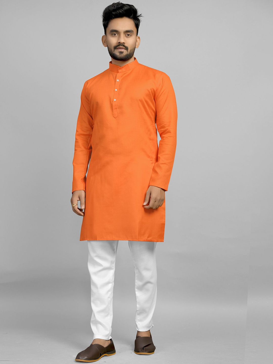 

Fashion FRICKS Band Collar Cotton Straight Kurta, Orange