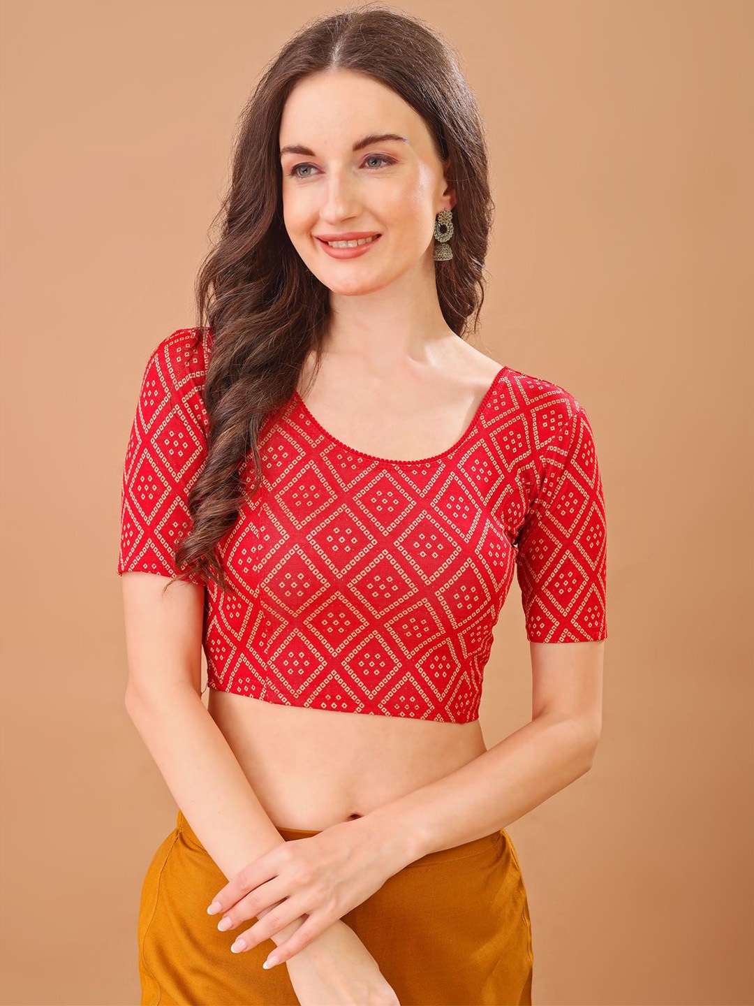 

BAPS Printed Round Neck Stretchable Saree Blouse, Red