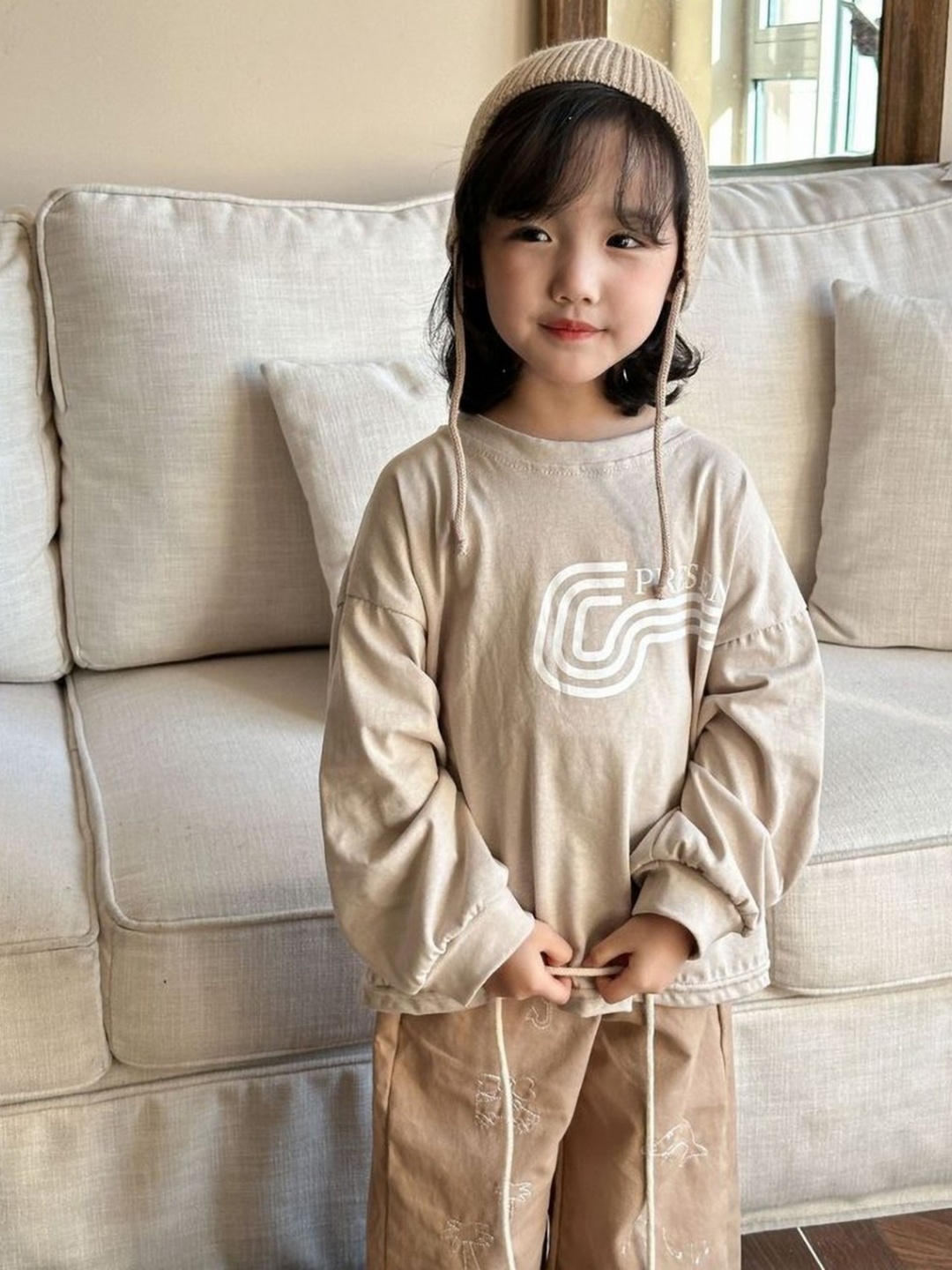 

LULU & SKY Girls Graphic Printed Round Neck Cotton Oversized T-shirt, Beige