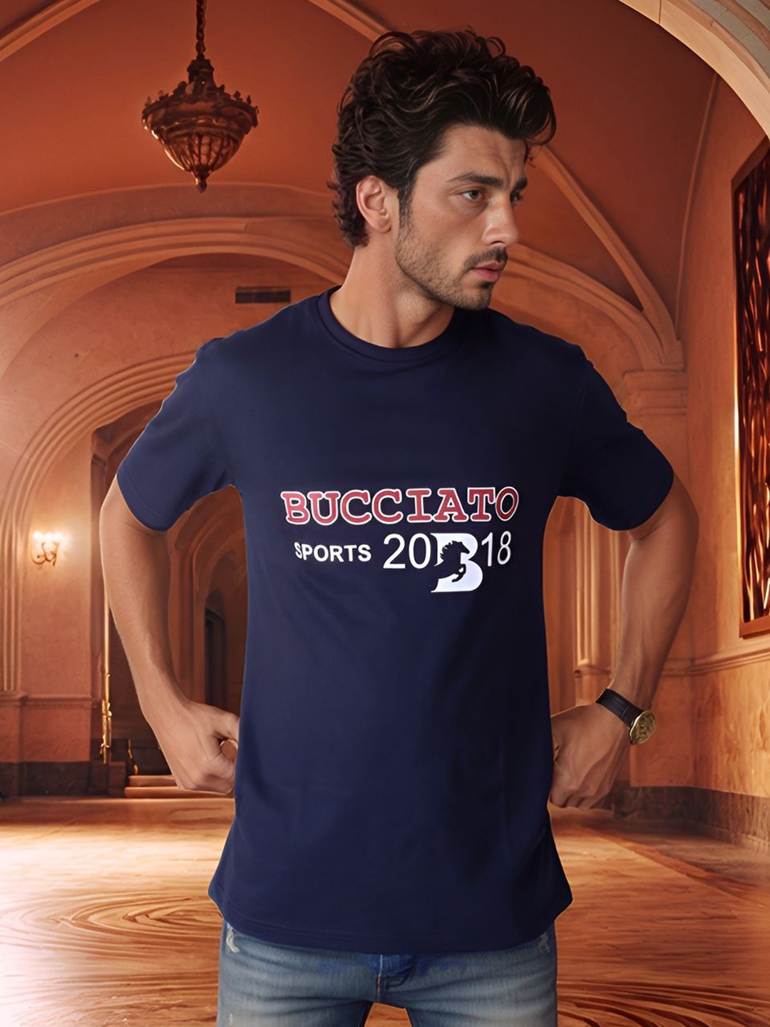 

Bucciato Private Limited Men Typography Striped Polo Collar Pockets T-shirt, Blue