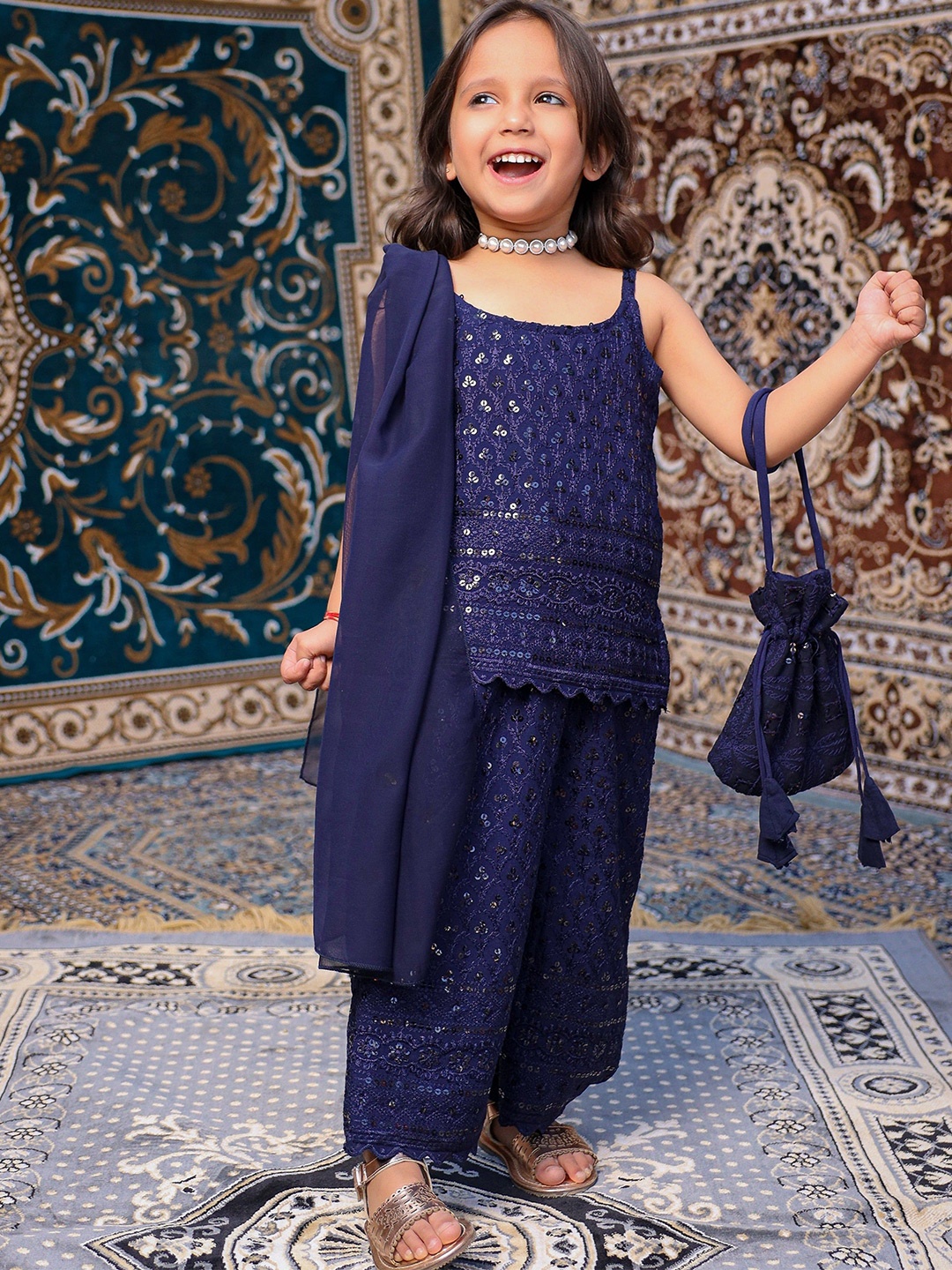 

Girls Neelam Chikankari Plazo Set, Navy blue